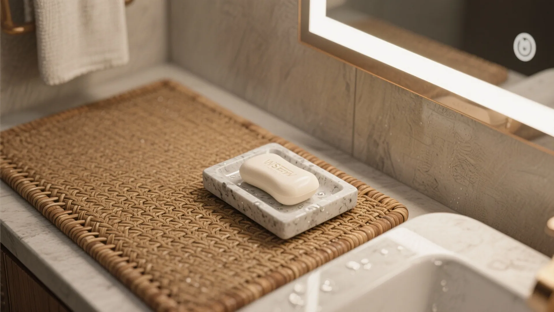Soap bar on marble soap dish over woven mat beside sink and lighted bathroom mirror