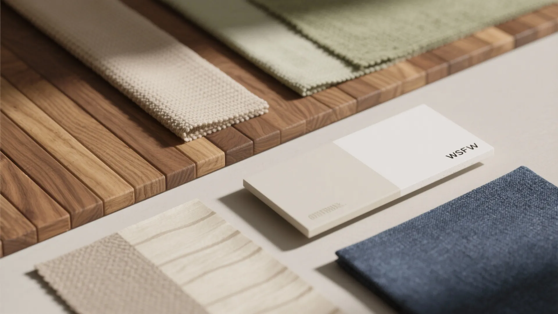 Top-down flatlay of oak, linen, washi paper and muted sage swatches for a Japanese palette.