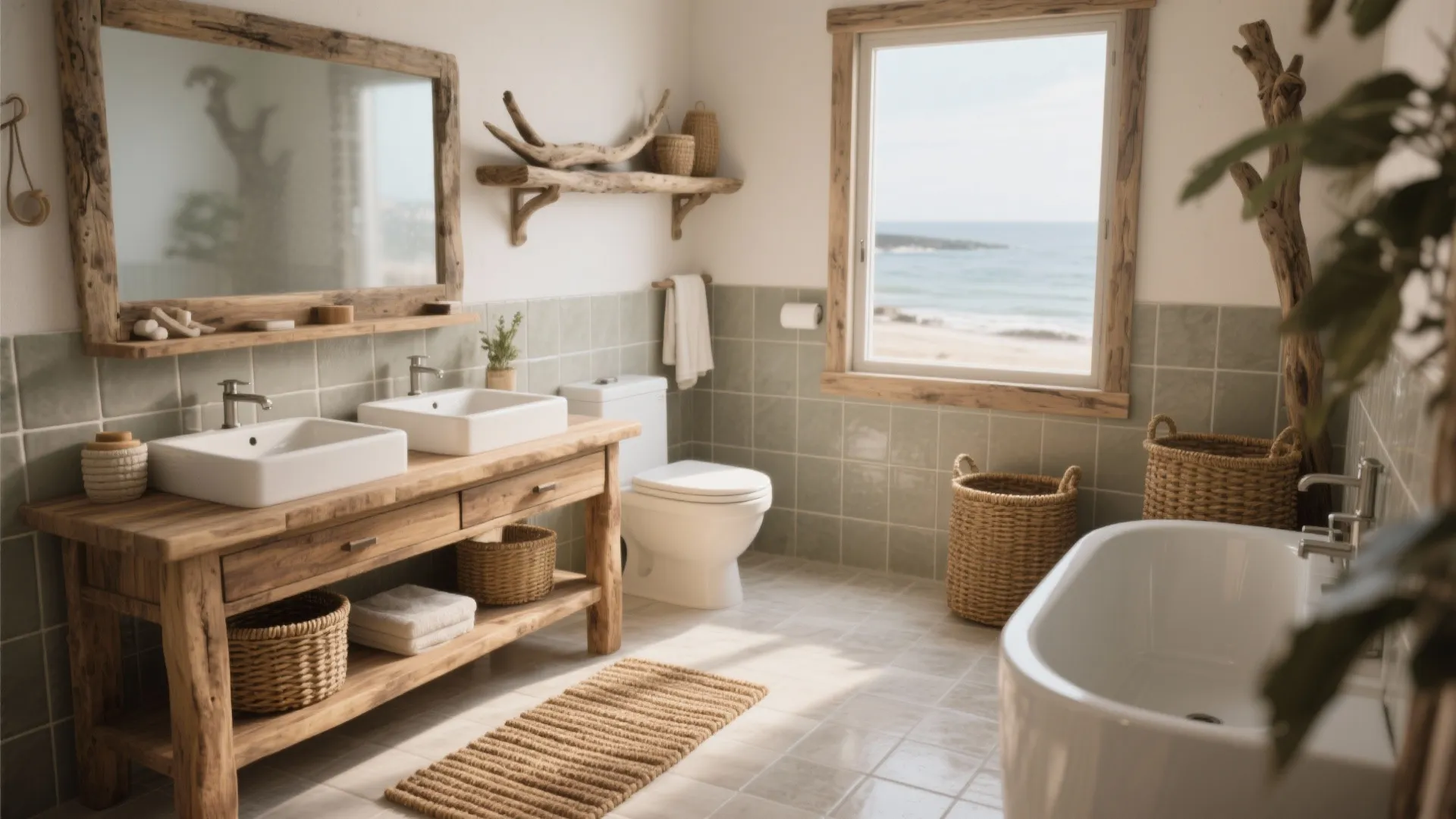 2. Natural textures: driftwood, teak, and woven baskets