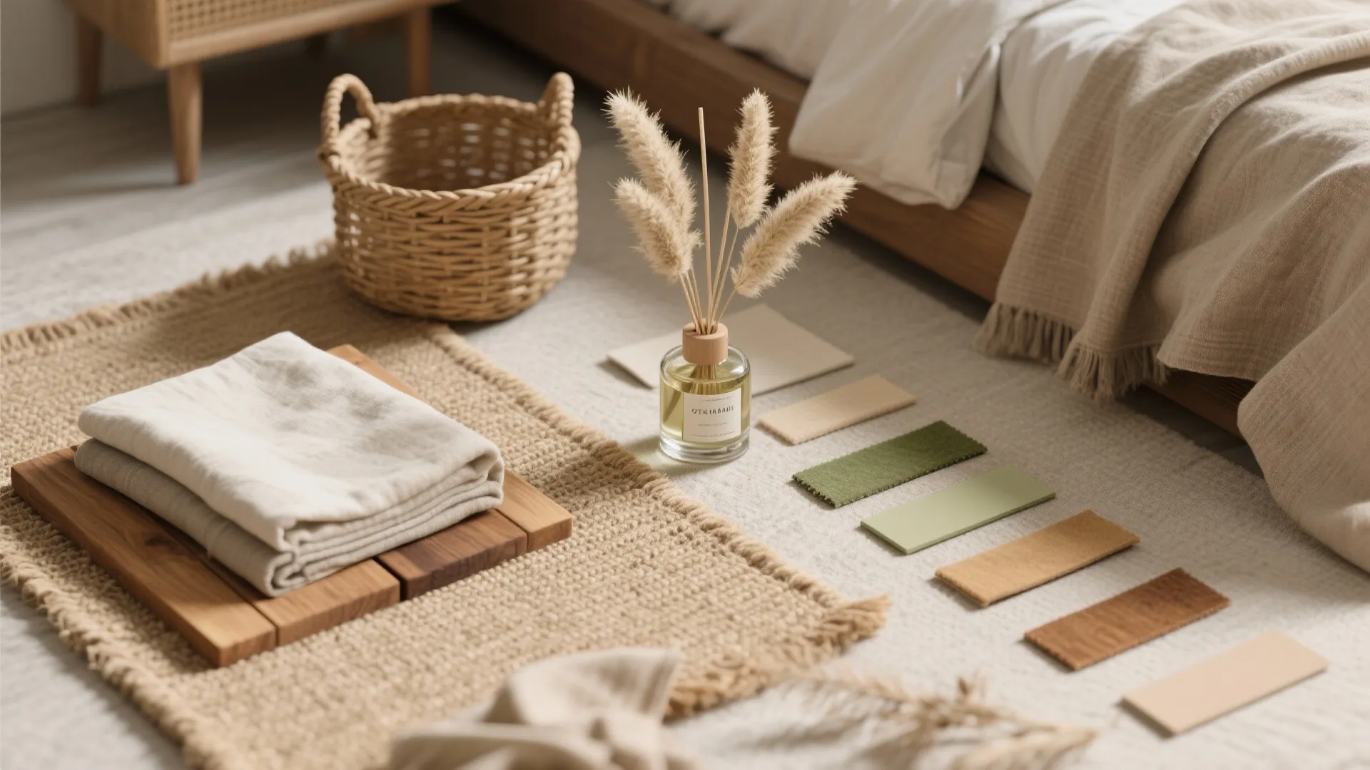 Interior design mood board with color samples woven basket and fragrance bottle on a rug