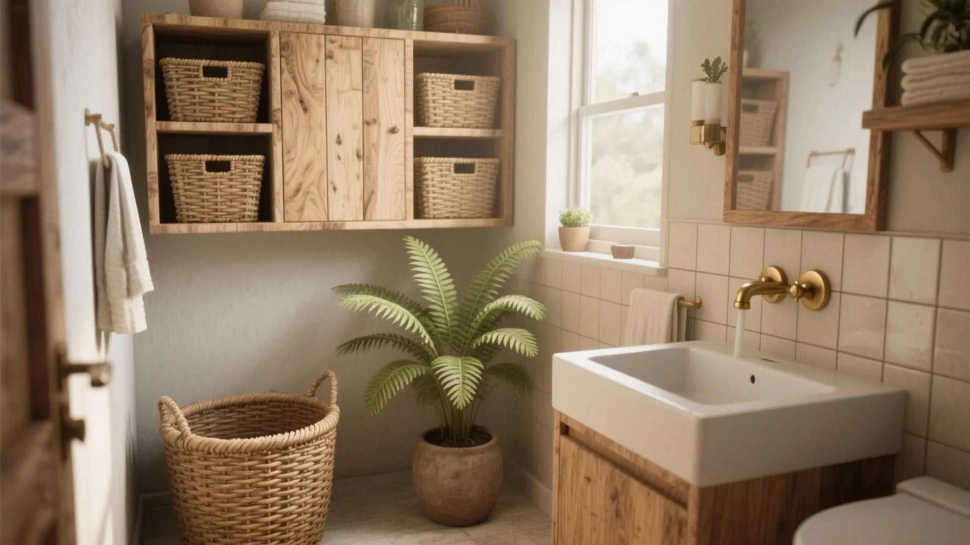 Bathroom interior featuring wooden storage cabinet woven baskets green plant and a white square sink