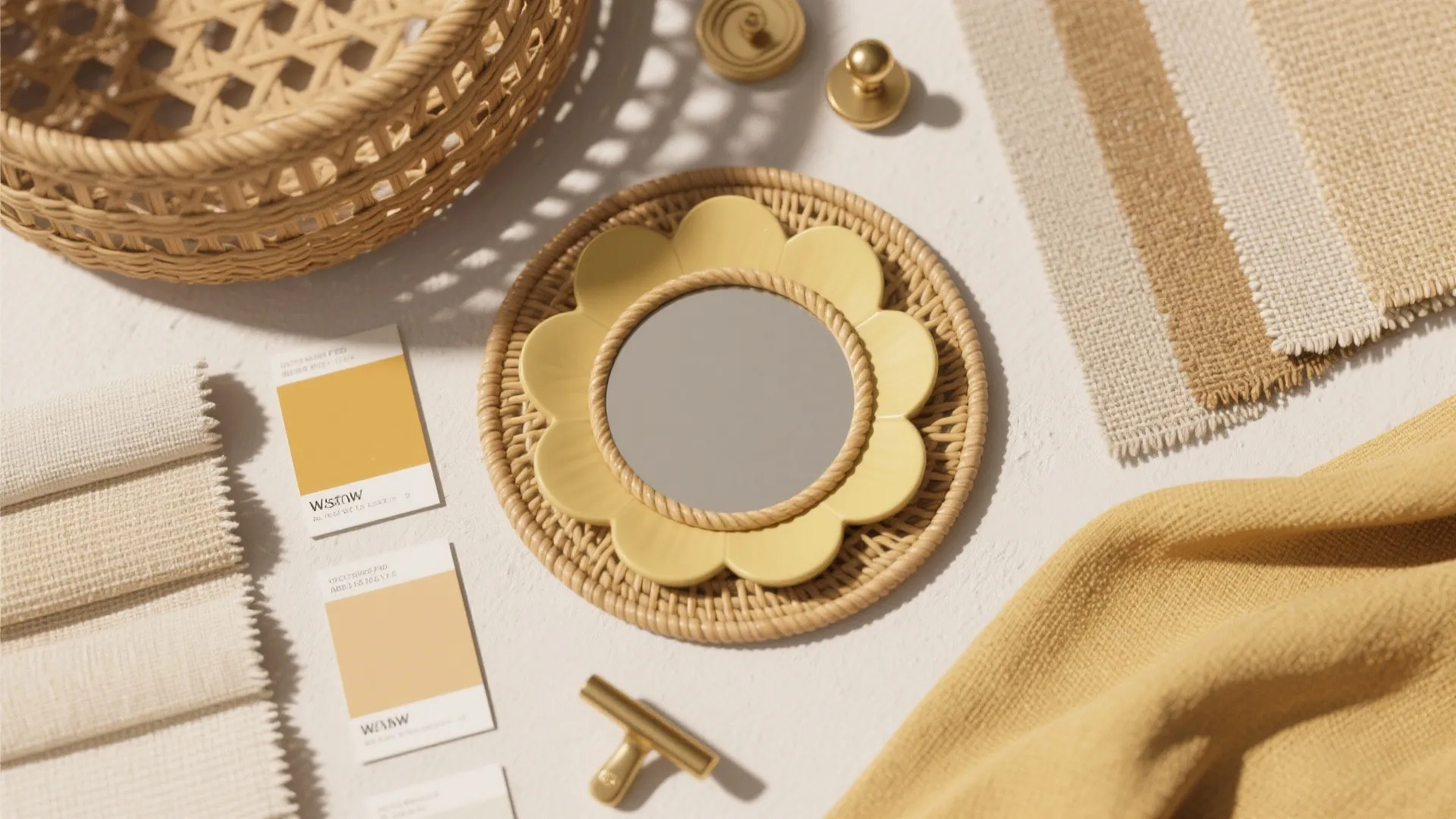 Top view of natural home decor materials including woven basket sunflower mirror and fabric samples