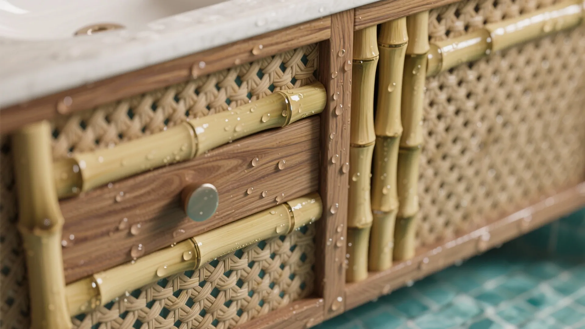 Close up of wooden bathroom cabinet featuring bamboo handles woven panels and clear water droplets
