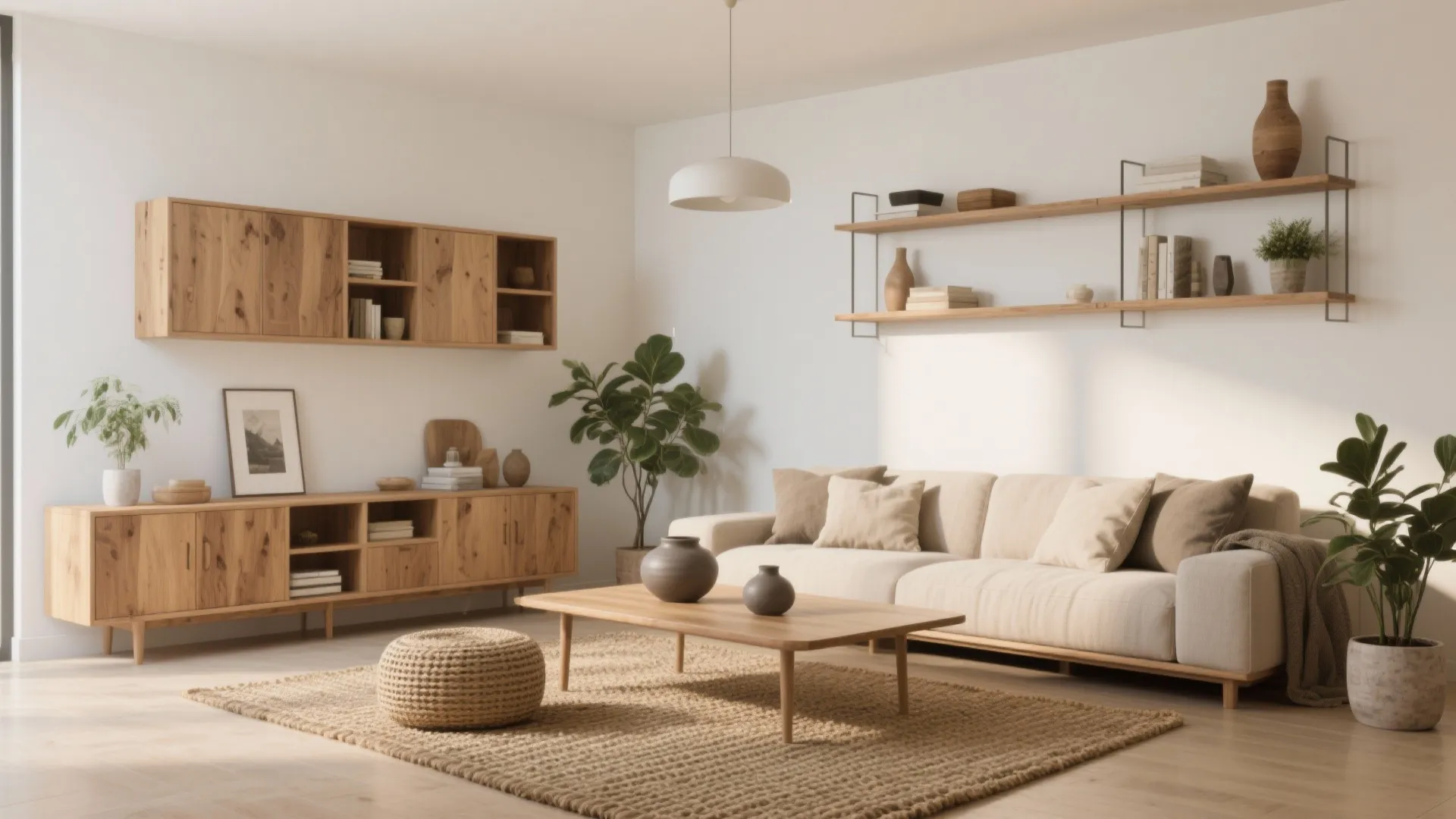 Bright living room with beige sofa wooden cabinet open wall shelves jute rug and green plants