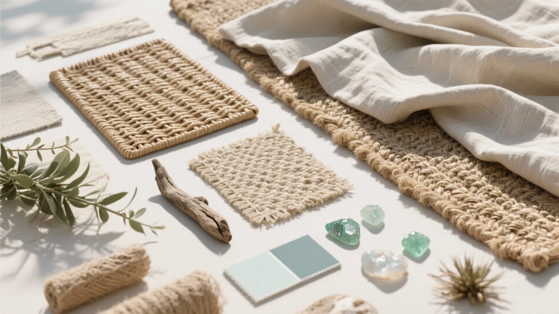 Interior design mood board with woven fabric samples wood pieces green stones and blue tiles