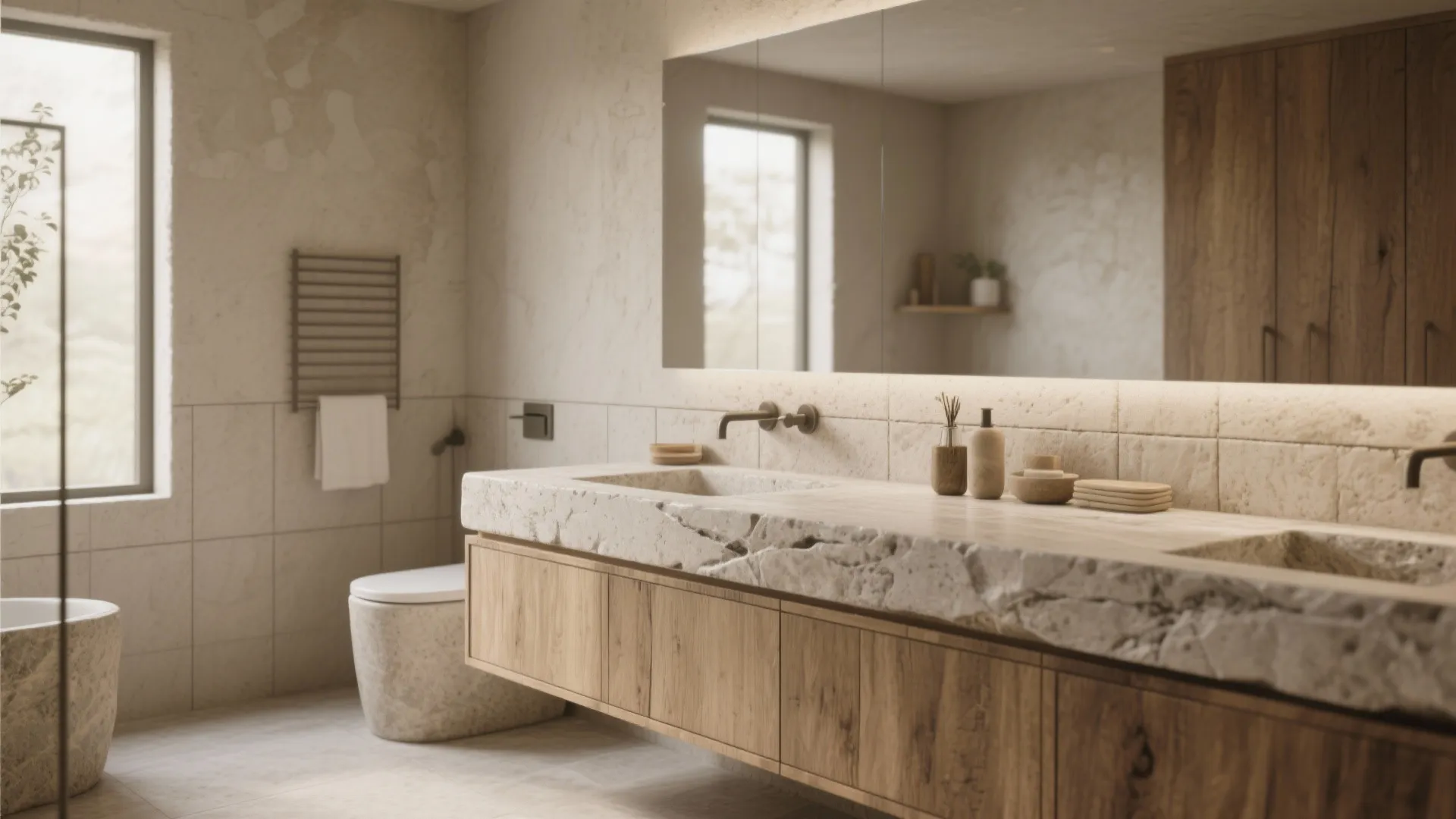 Bathroom close-up showing honed stone, raw wood and matte plaster textures.
