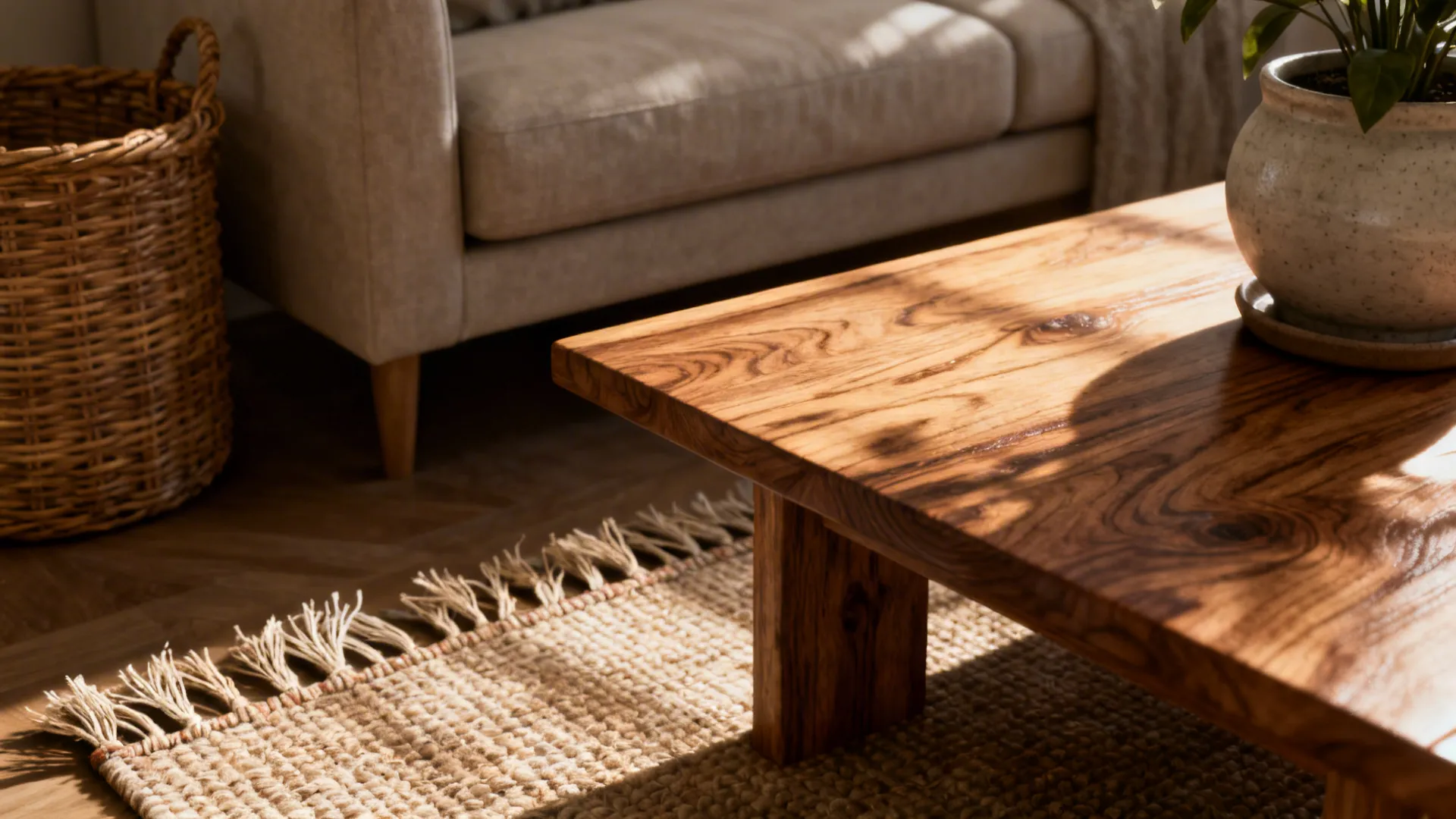 Wood coffee table, rattan basket and woven rug adding warmth to a black-and-white living room.