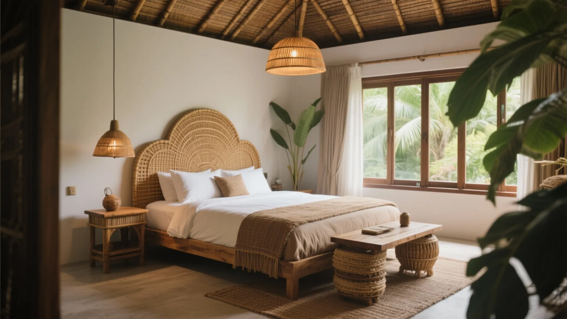 Bedroom with rattan, bamboo, and teak furniture in earthy colors