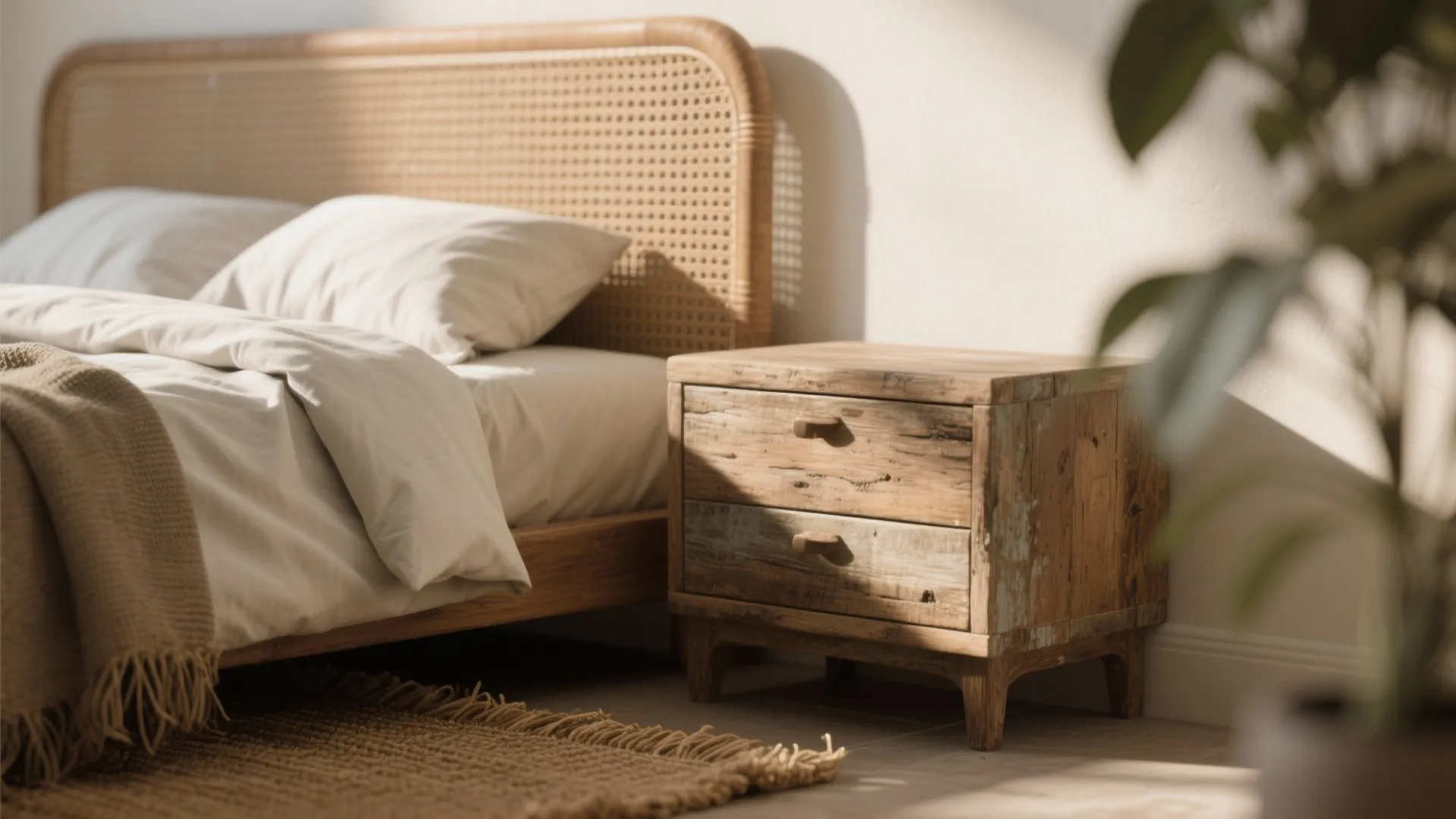 Close-up of a cozy bed with woven headboard, wooden nightstand, white pillows, and brown rug