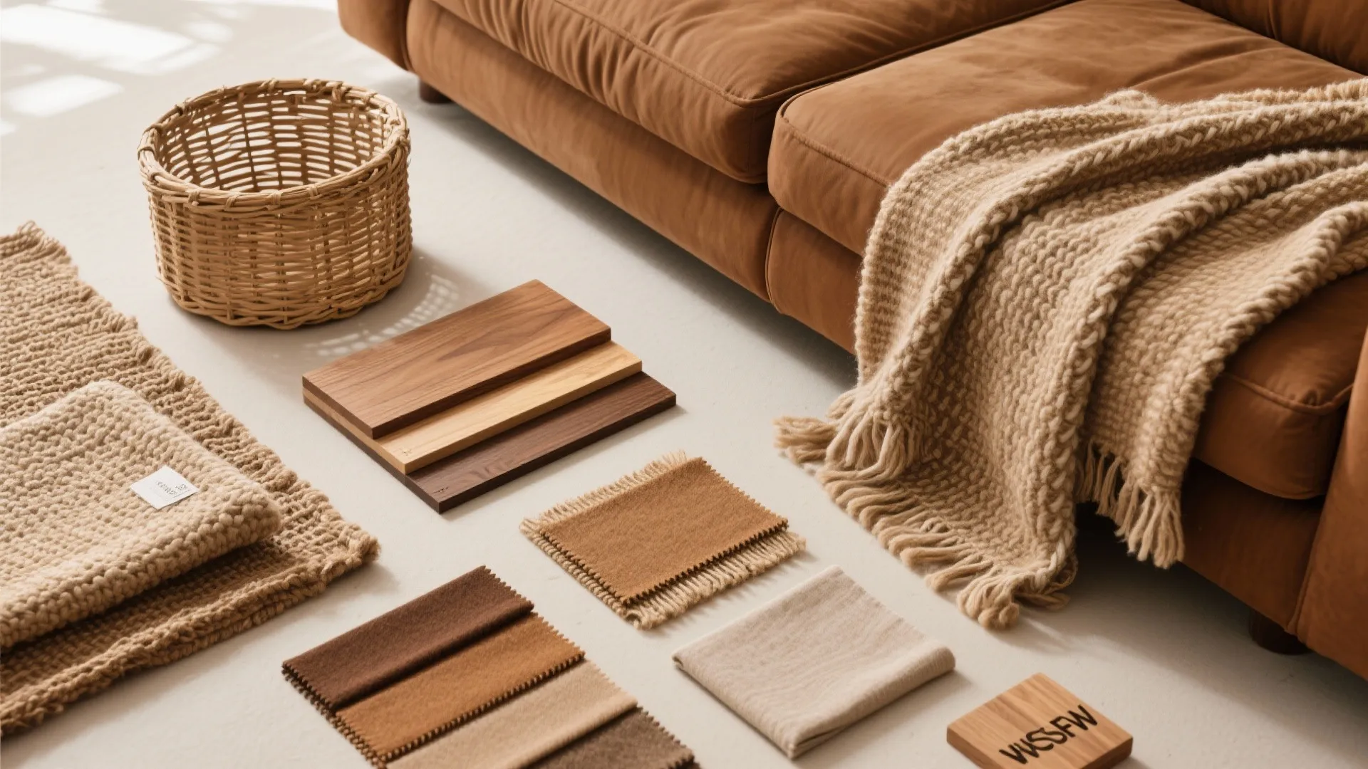 Natural material flat lay with rattan, wool, jute, oak in warm hues