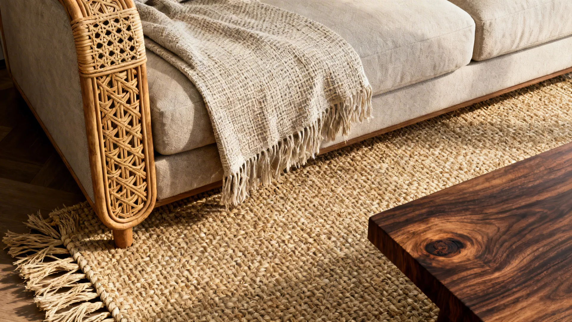 Close-up of woven rug, rattan and linen throw in a modern classic living room