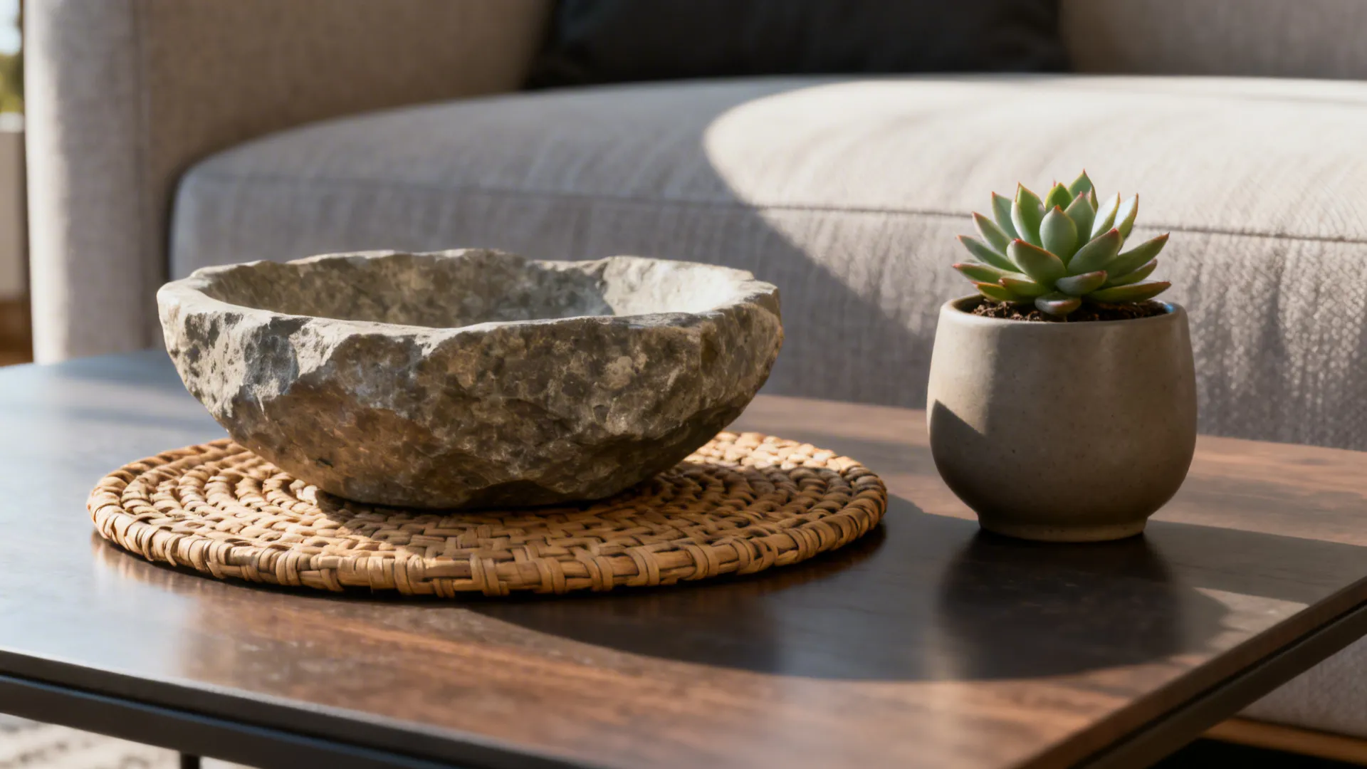 Woven coaster, stone bowl and succulent arrangement showing mixed natural textures