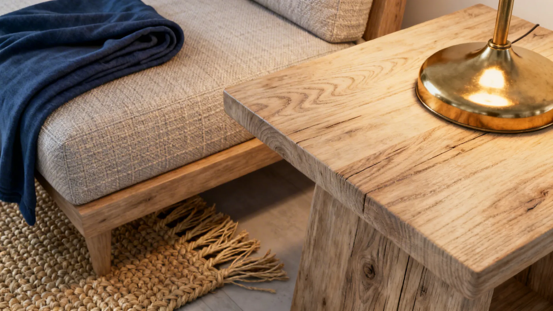 Close-up of washed wood, linen fabric, jute rug and brass lamp in a lake house living room