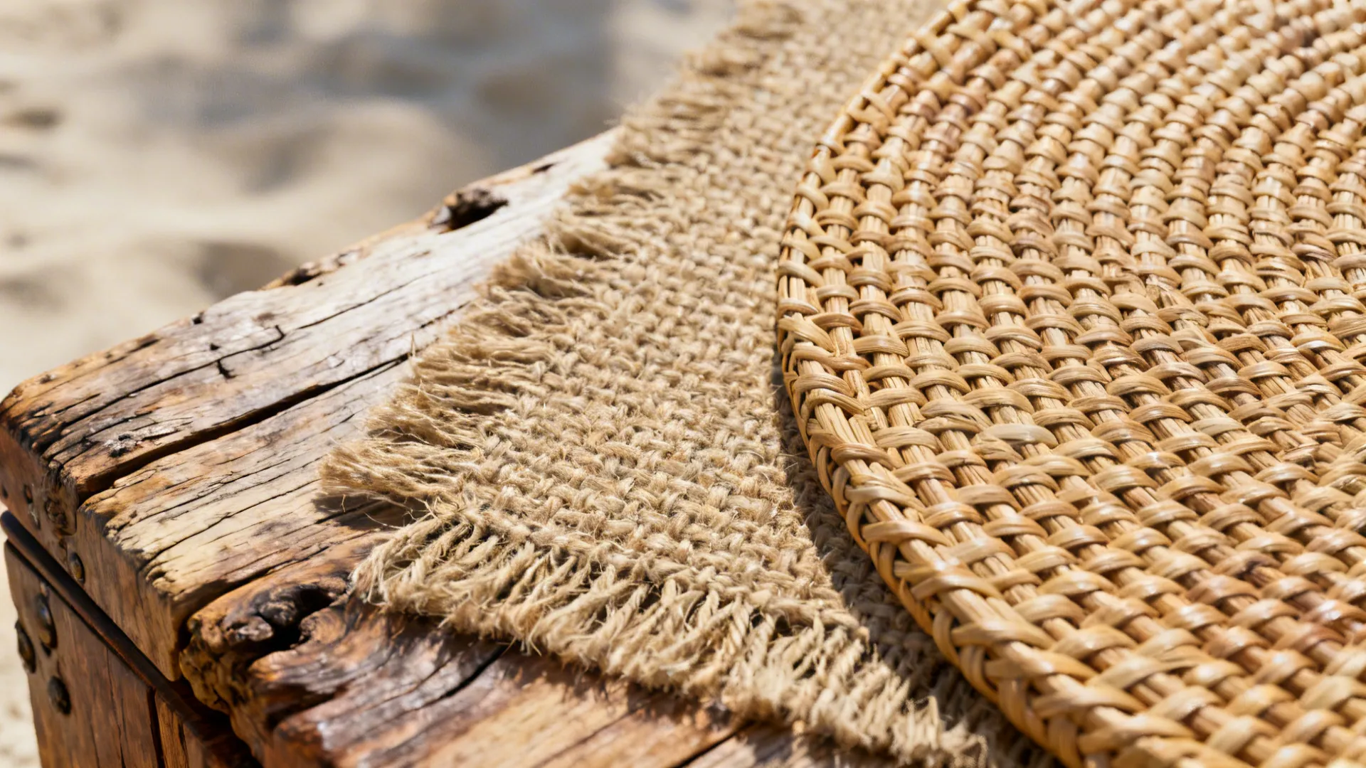 Close-up of rattan, jute, and driftwood textures in coastal decor