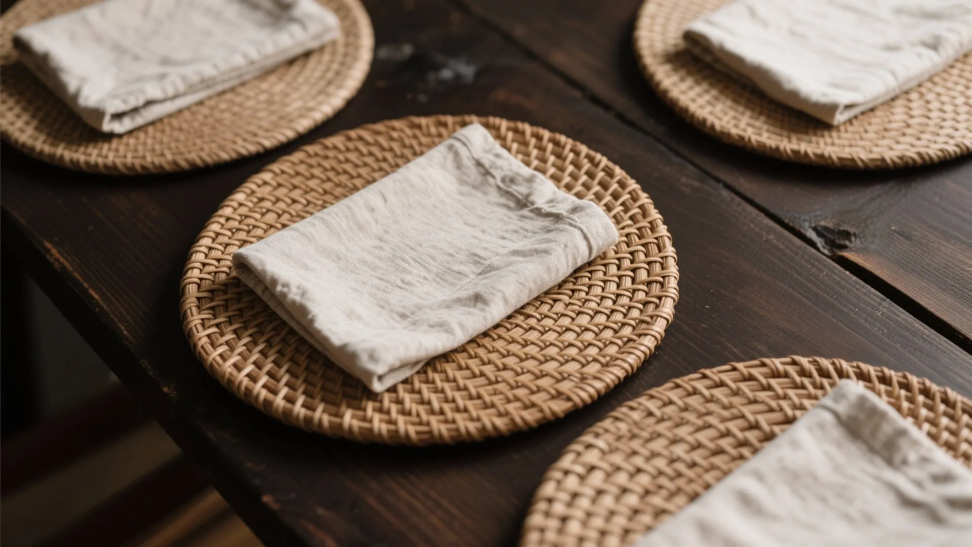 Four round woven mats with beige fabric napkins placed on a dark brown wooden dining table