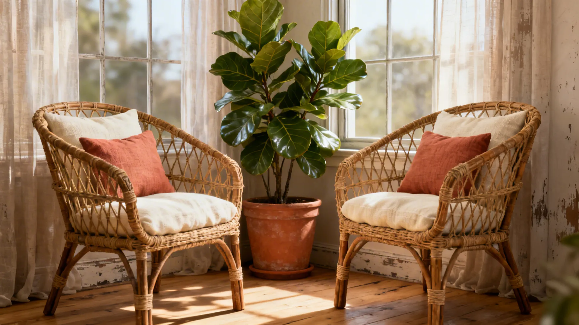Rattan seating and a fiddle-leaf fig on light hardwood floors