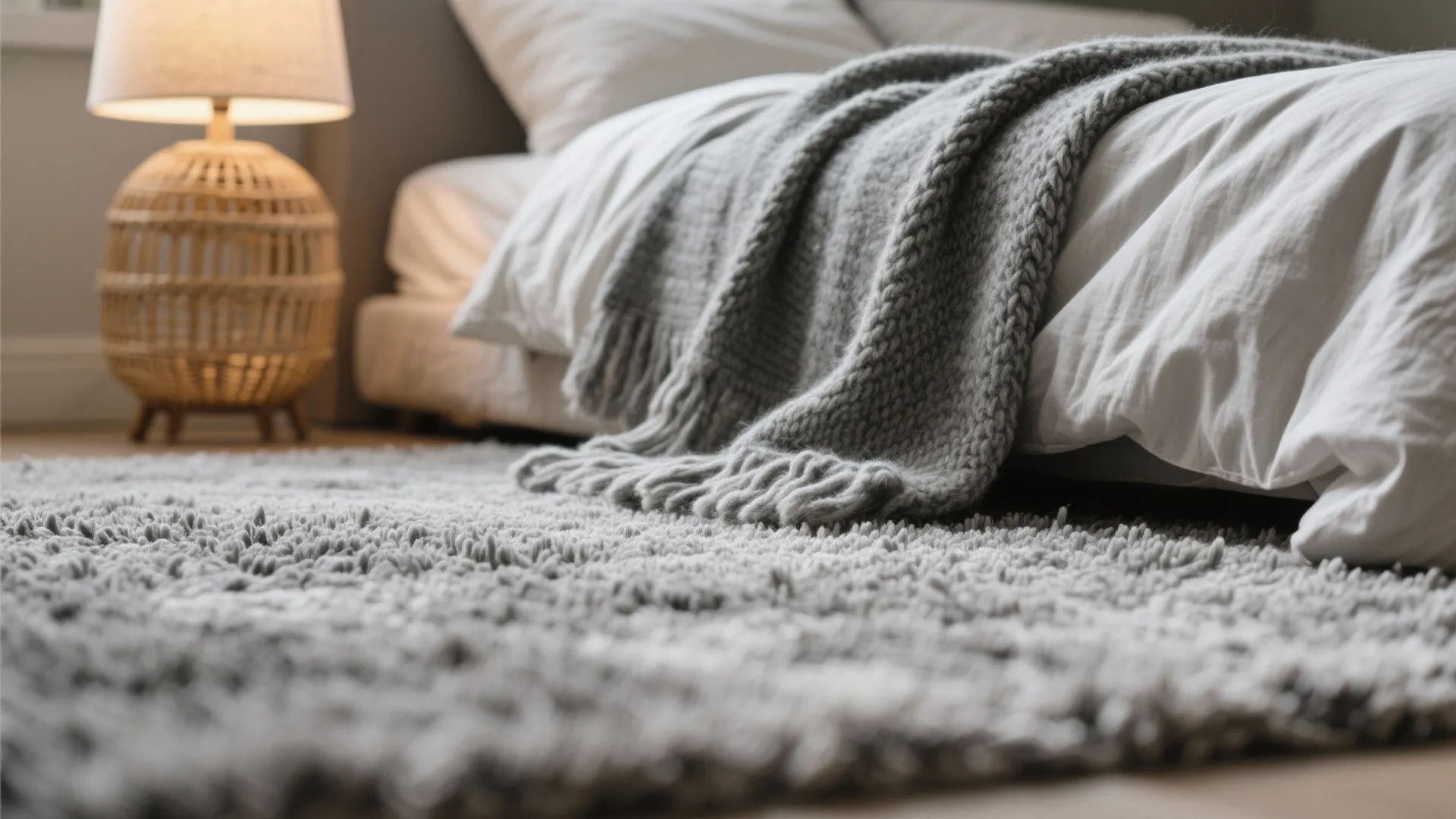 Close-up of grey carpet with natural fiber decor elements