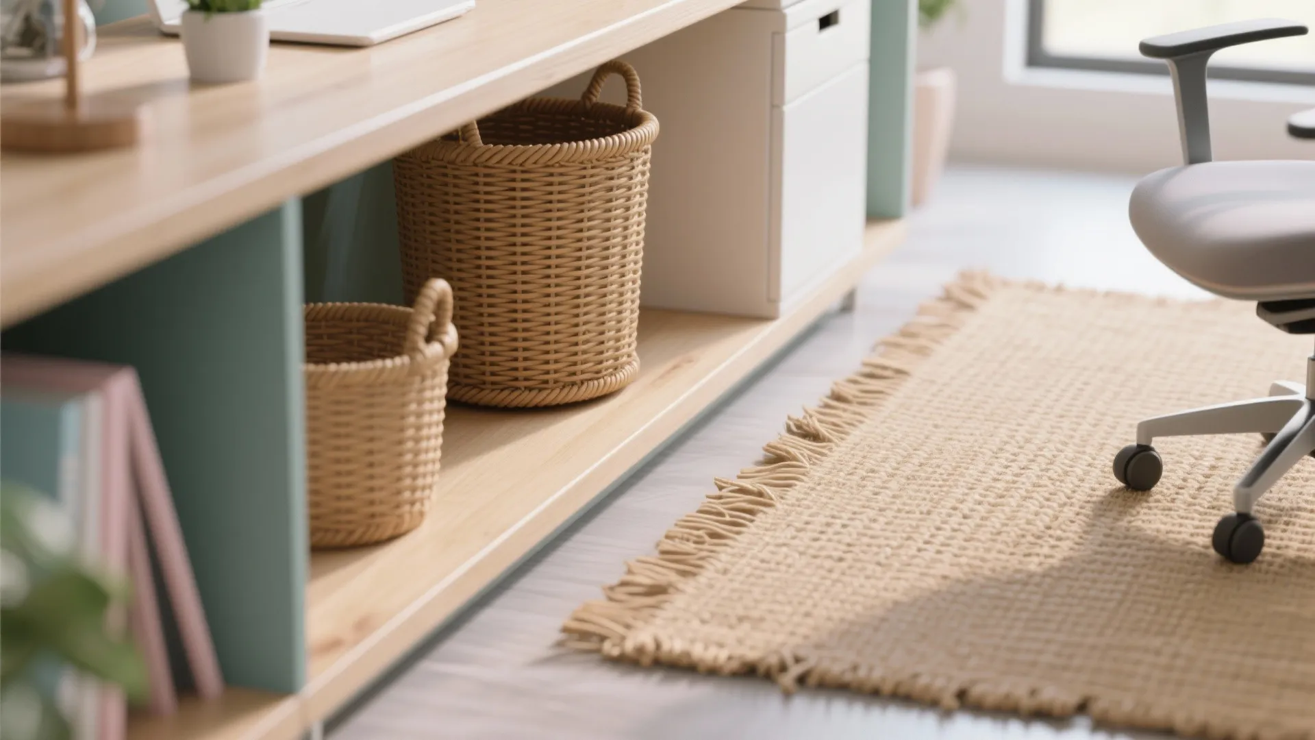 Macro detail of rattan, wood, and jute office materials
