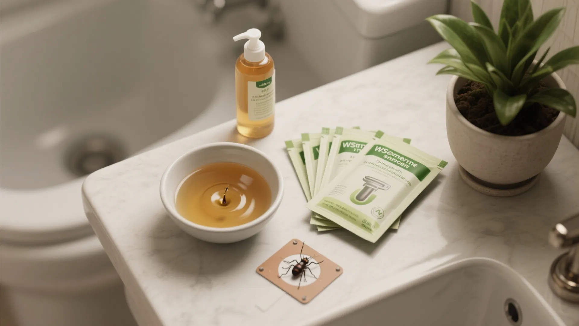 Bathroom counter with soap bottle small plant bowl of oil and green pest control packets