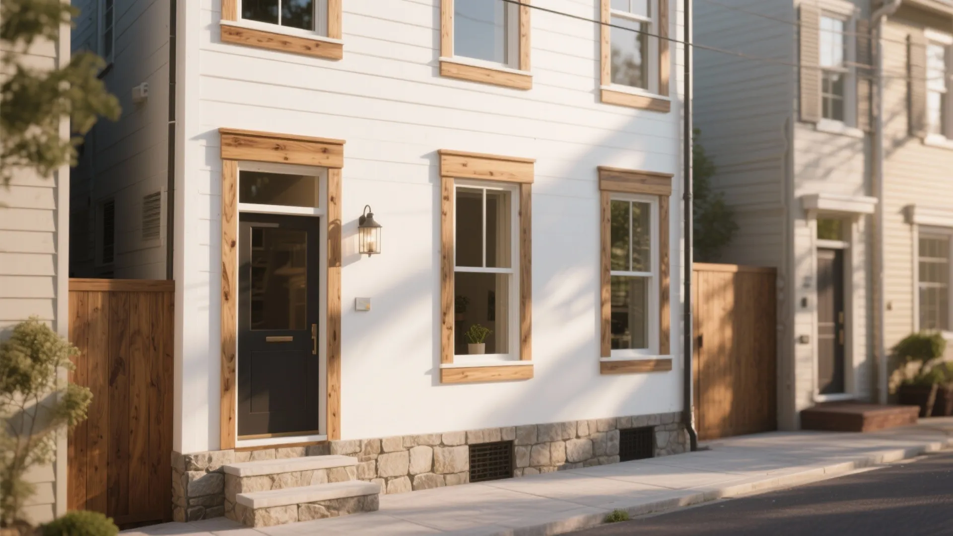 Modern white house exterior featuring black front door wooden window trim and stone wall base