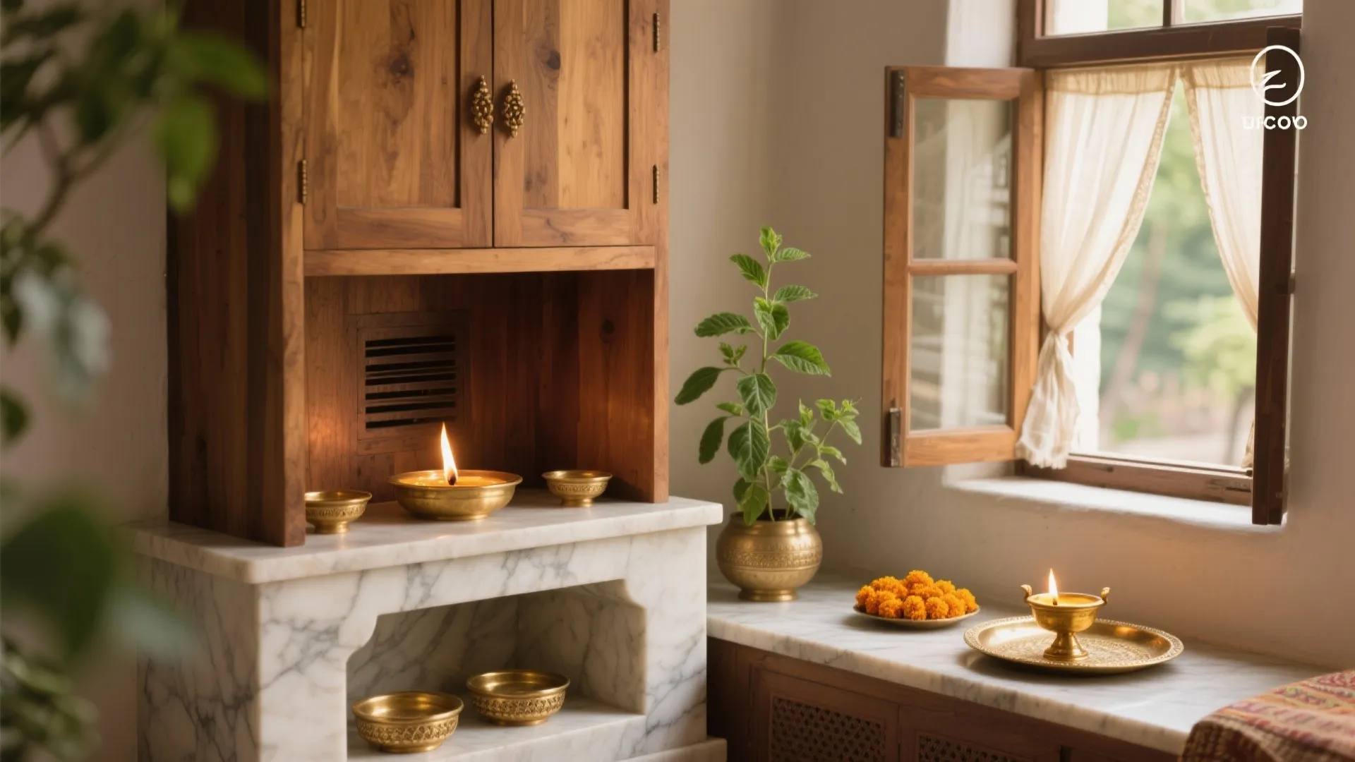 Natural-materials pooja corner with wood, stone, brass, a diya on a stone tray, and a ventilating window with sheer.