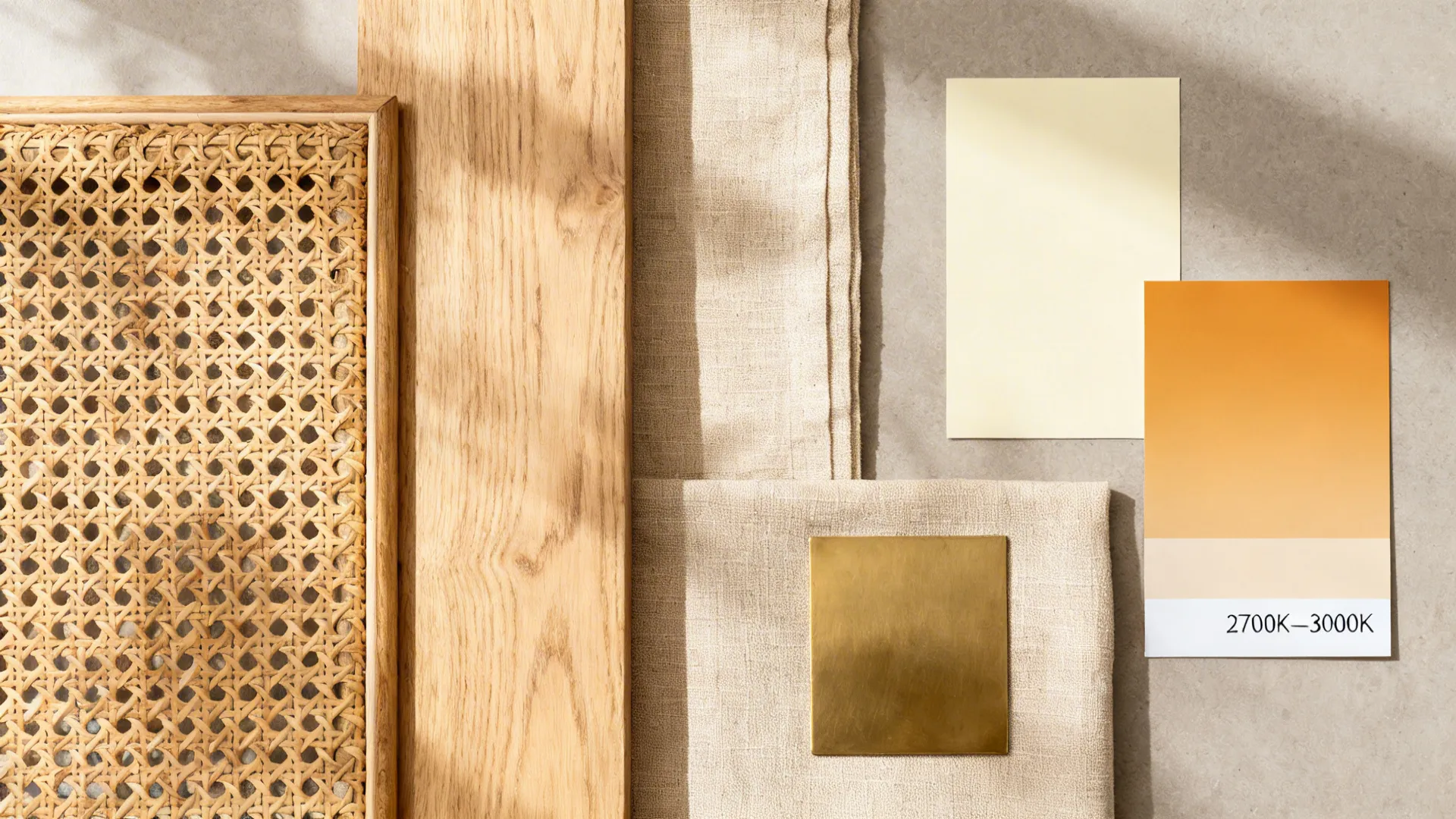 Top-down flatlay of rattan, light oak, linen, satin brass, and warm LED color cards.