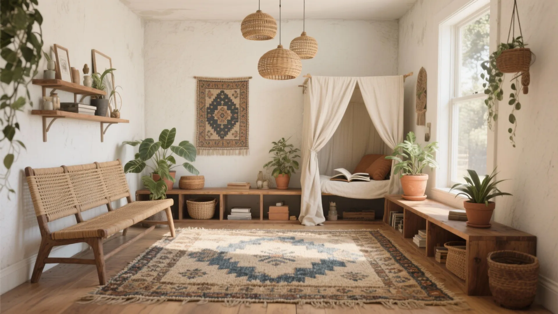 Natural wood, vintage finds, and soft zoning