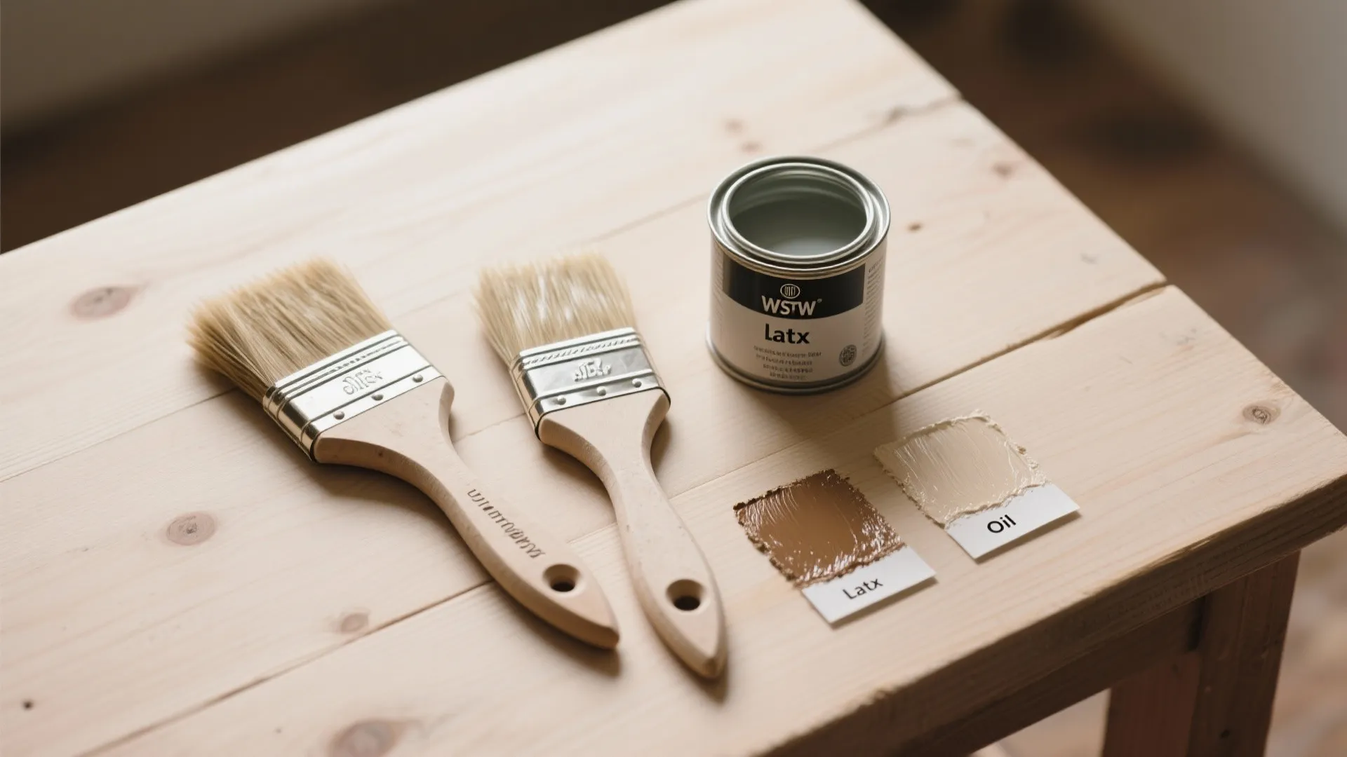 Two paint brushes and a paint can on a wood table showing different paint sample types