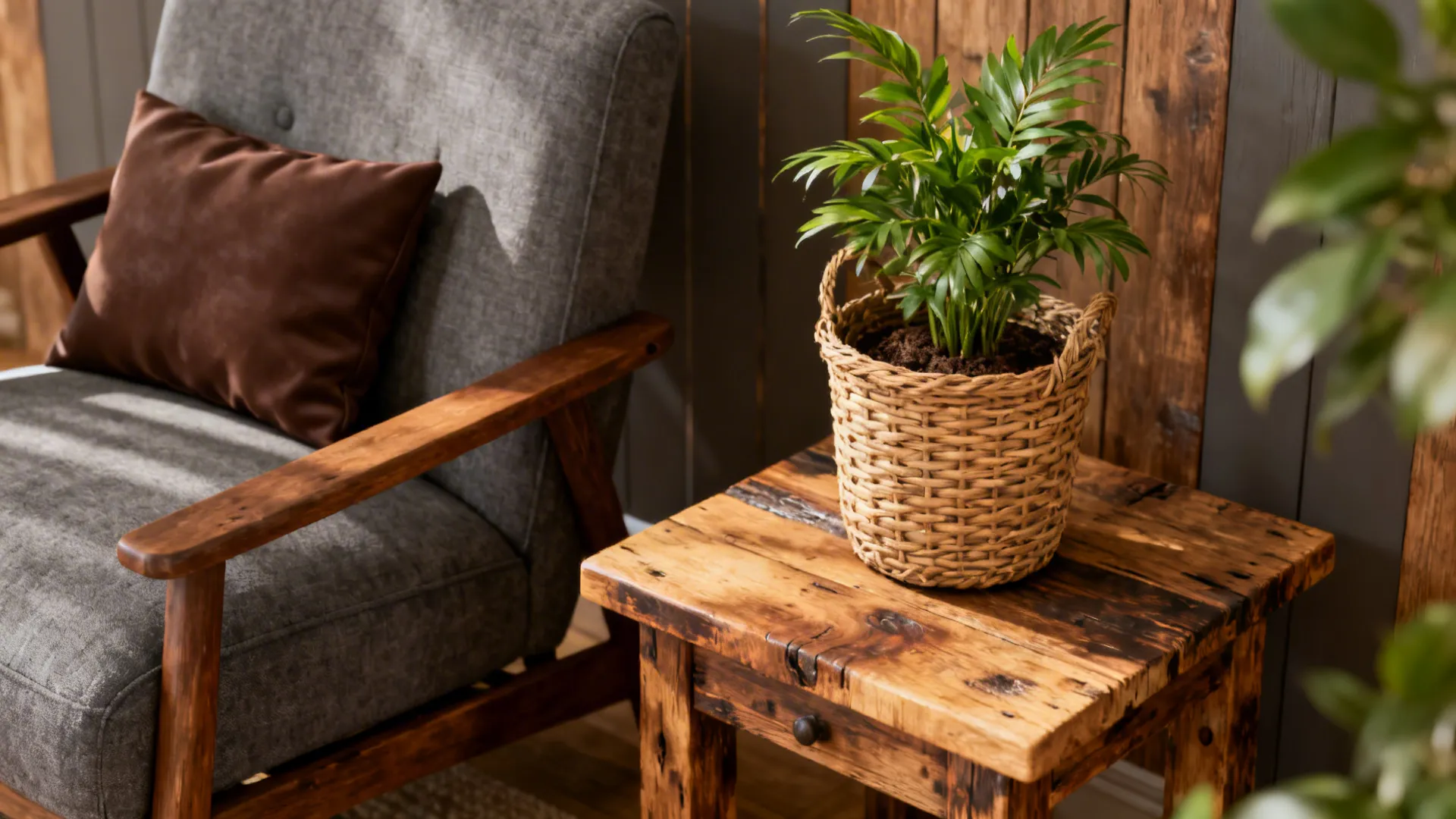 Grey armchair with wood frame and brown pillow beside wood side table with green plant