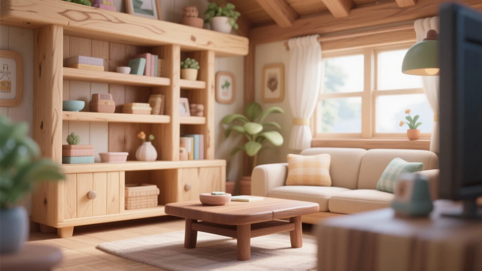 Bright interior with large wooden cabinet cream sofa low coffee table and light wood floor panels