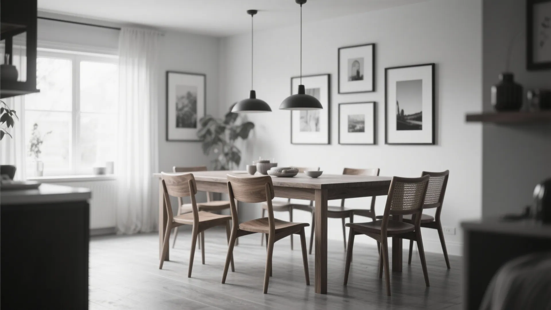 Minimalist dining area with wooden table chairs black pendant lights white walls and framed art