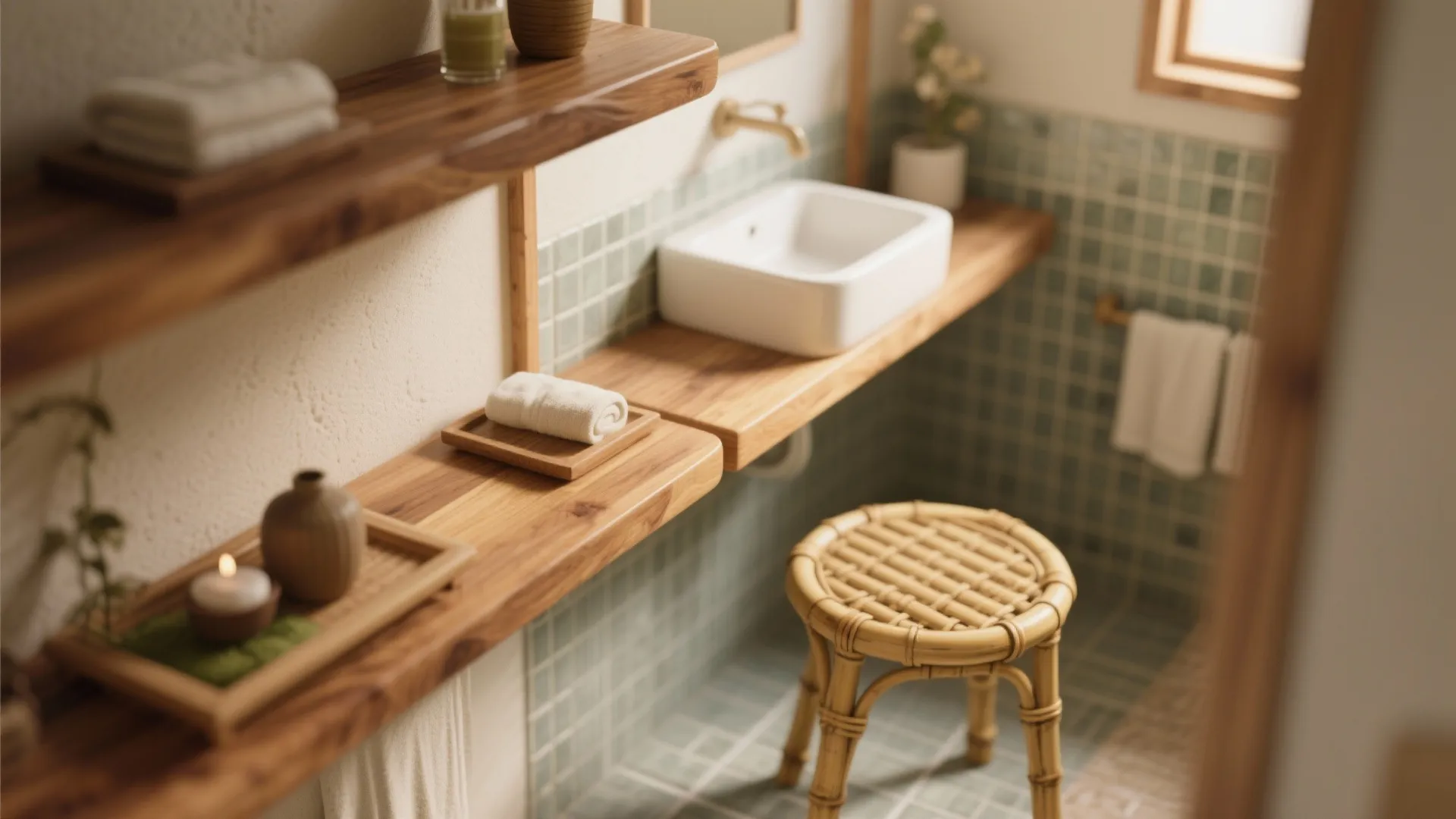 Close up of wooden wall shelves white sink bamboo stool green wall tiles and bathroom towels