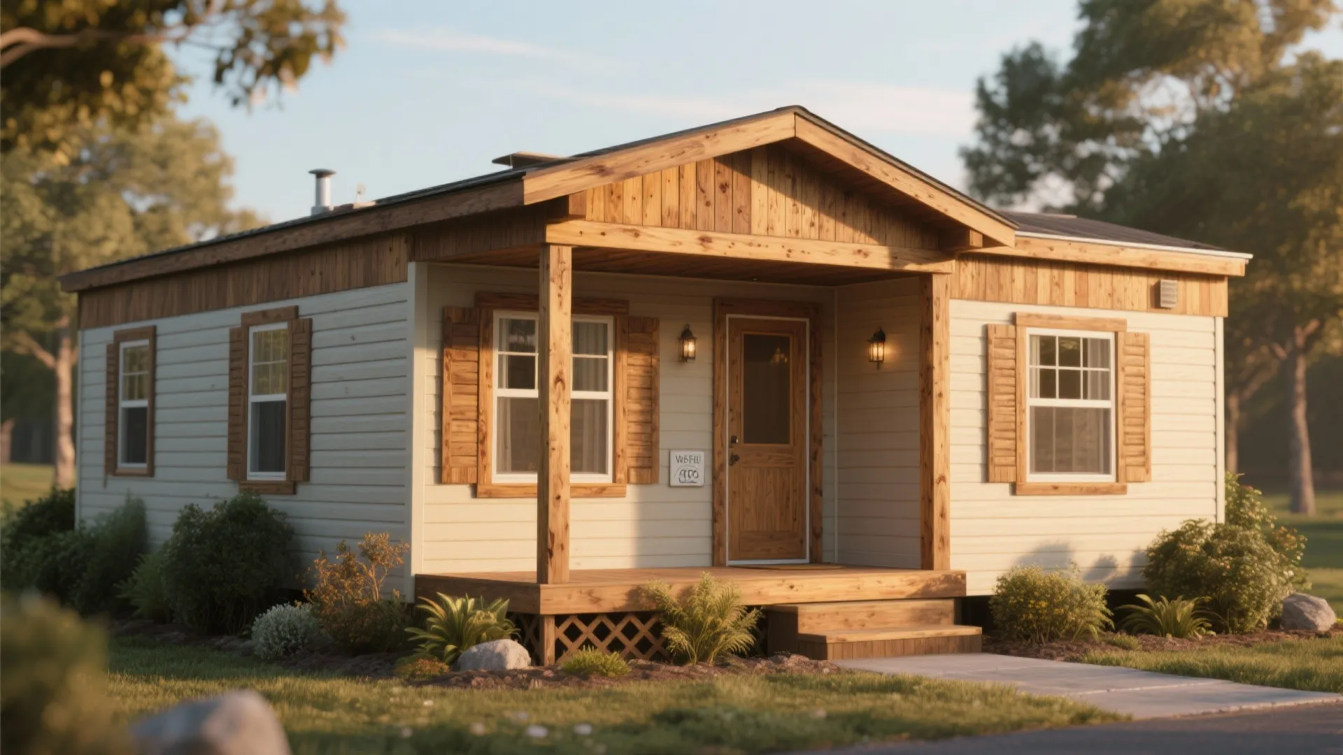 Small white house with natural wood porch pillars and roof trim under a clear sky