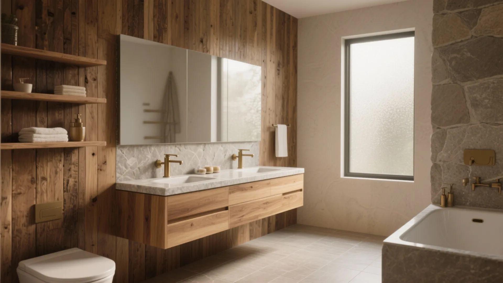 Modern bathroom featuring wooden wall panels double sink cabinet large mirror and bathtub with gold taps