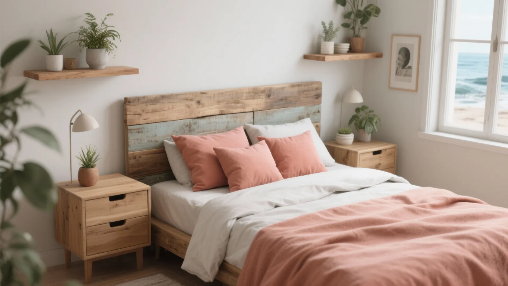 Small bedroom featuring warm oak headboard and bedside tables paired with coral cushions.