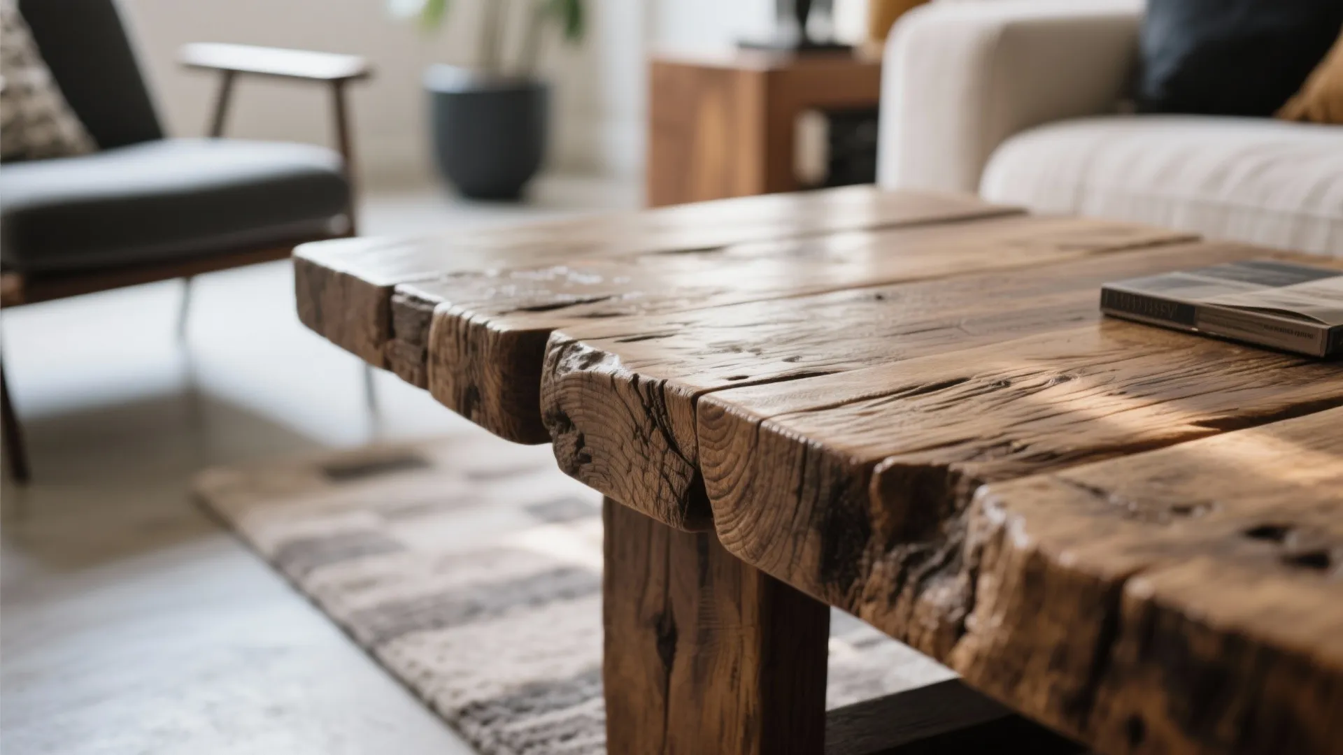 Detail of reclaimed wood coffee table in modern eclectic space