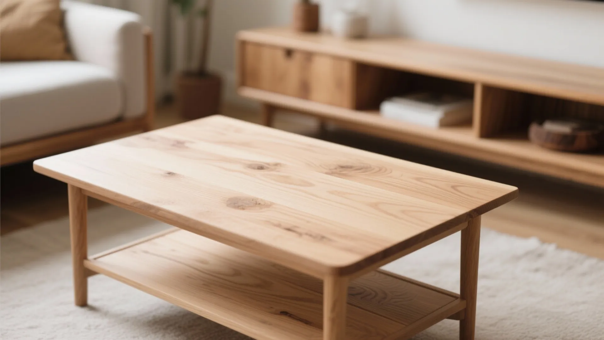 Light wooden coffee table with matching storage cabinet and white sofa in a bright room