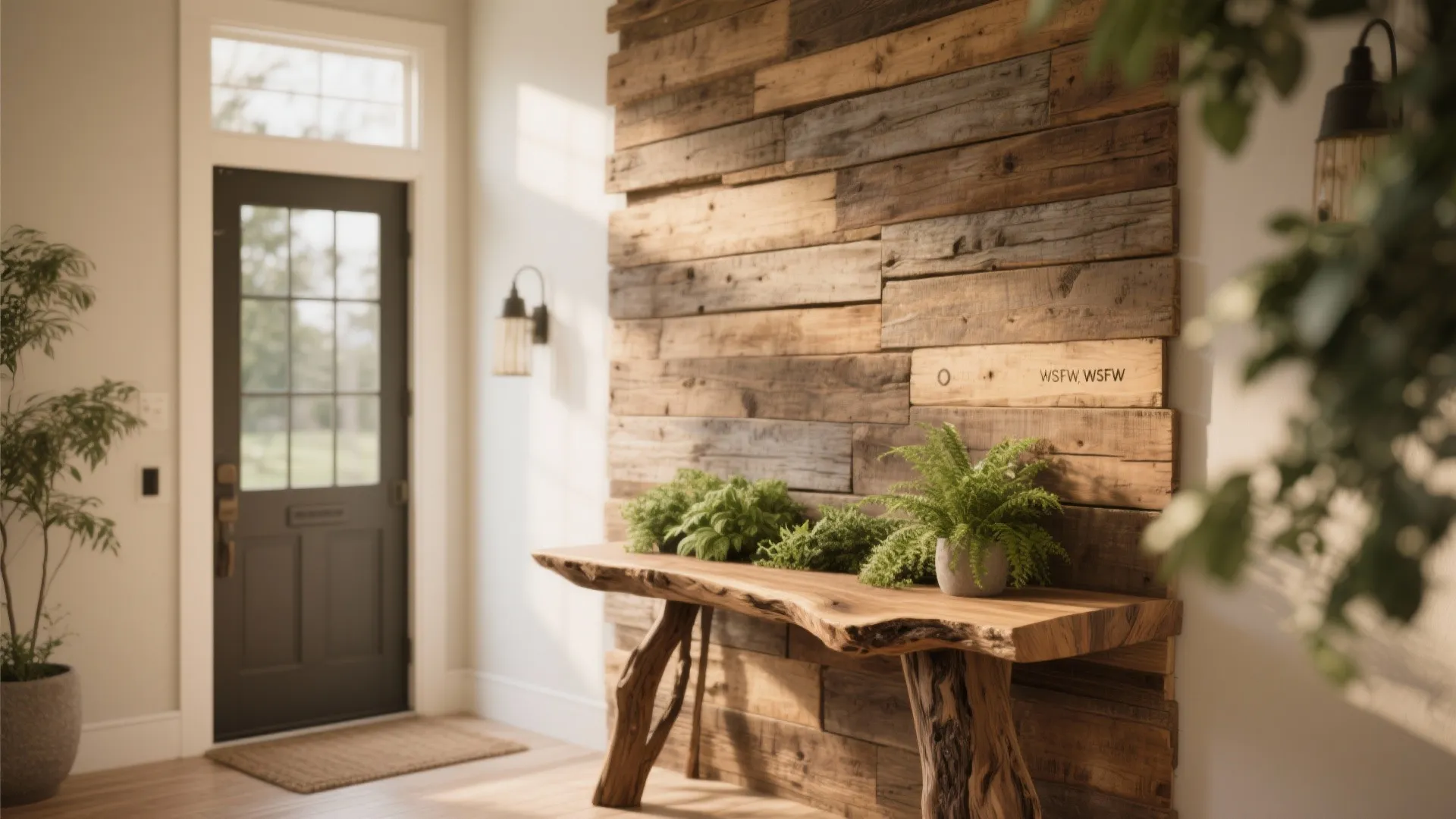 Rustic entryway with dark front door wood wall panel live edge table and green plants