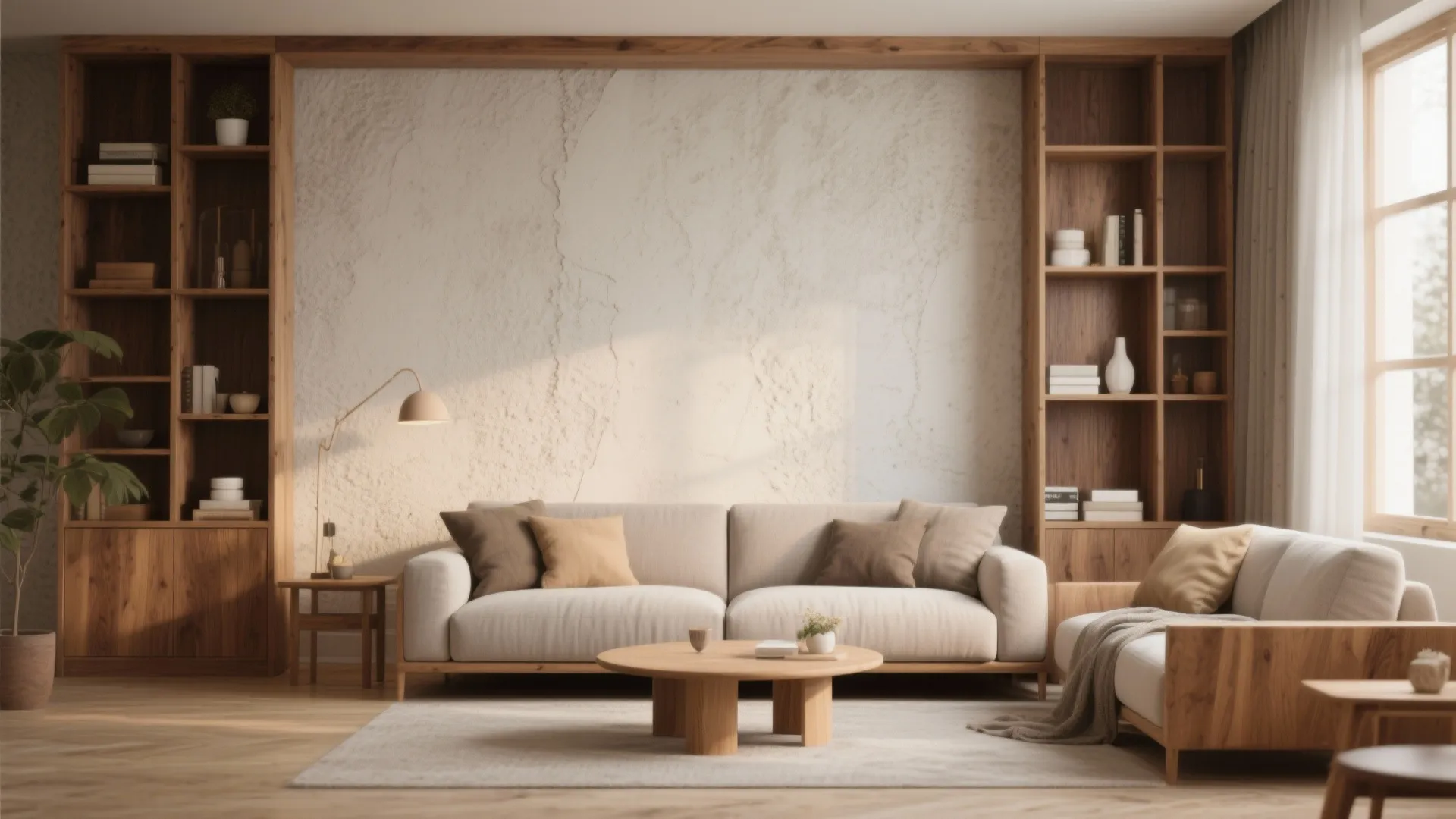 Modern living room with beige sofa wood coffee table large bookshelves and textured white wall