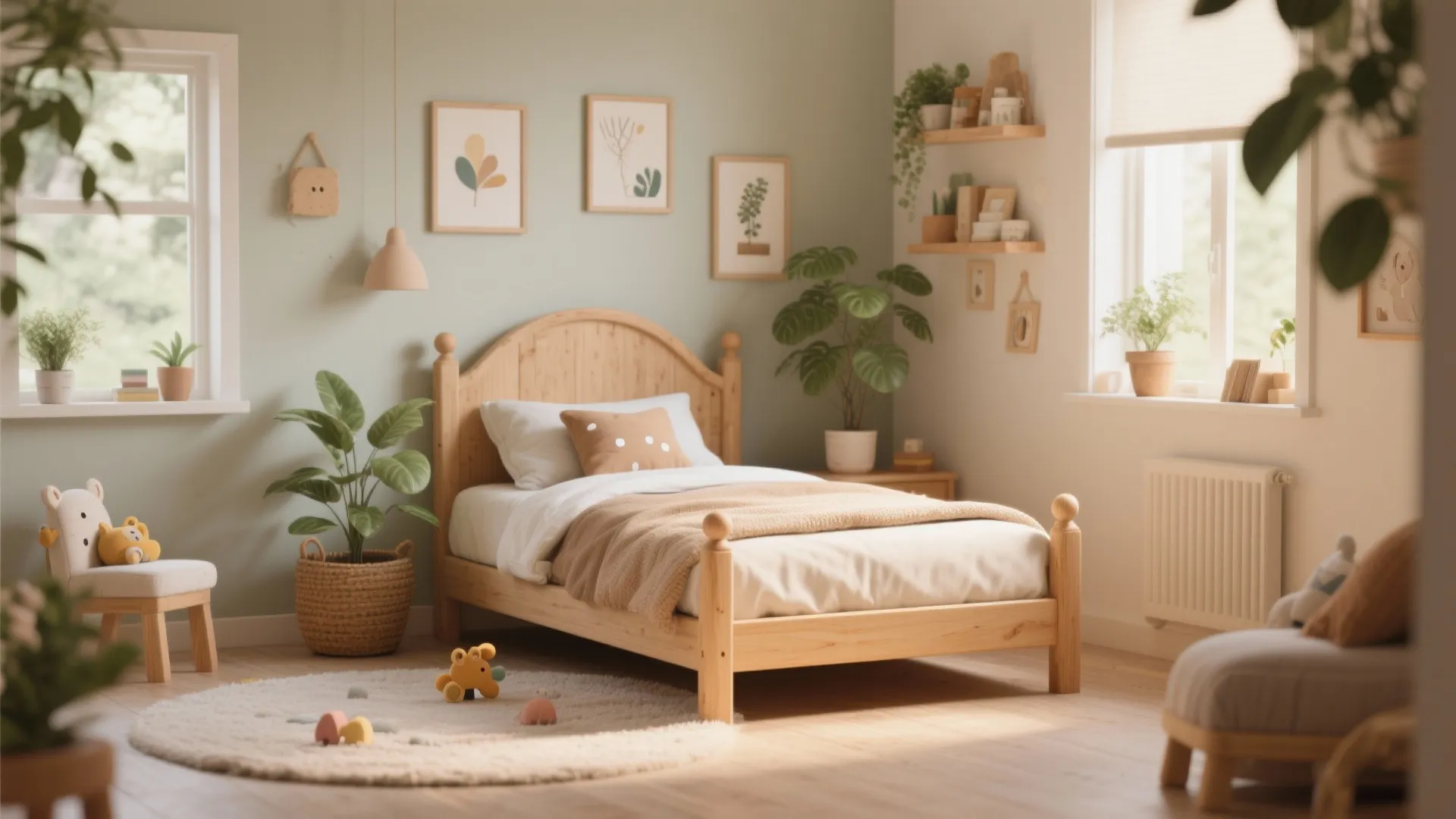 Children's bedroom featuring wooden bed frame and potted plant corner