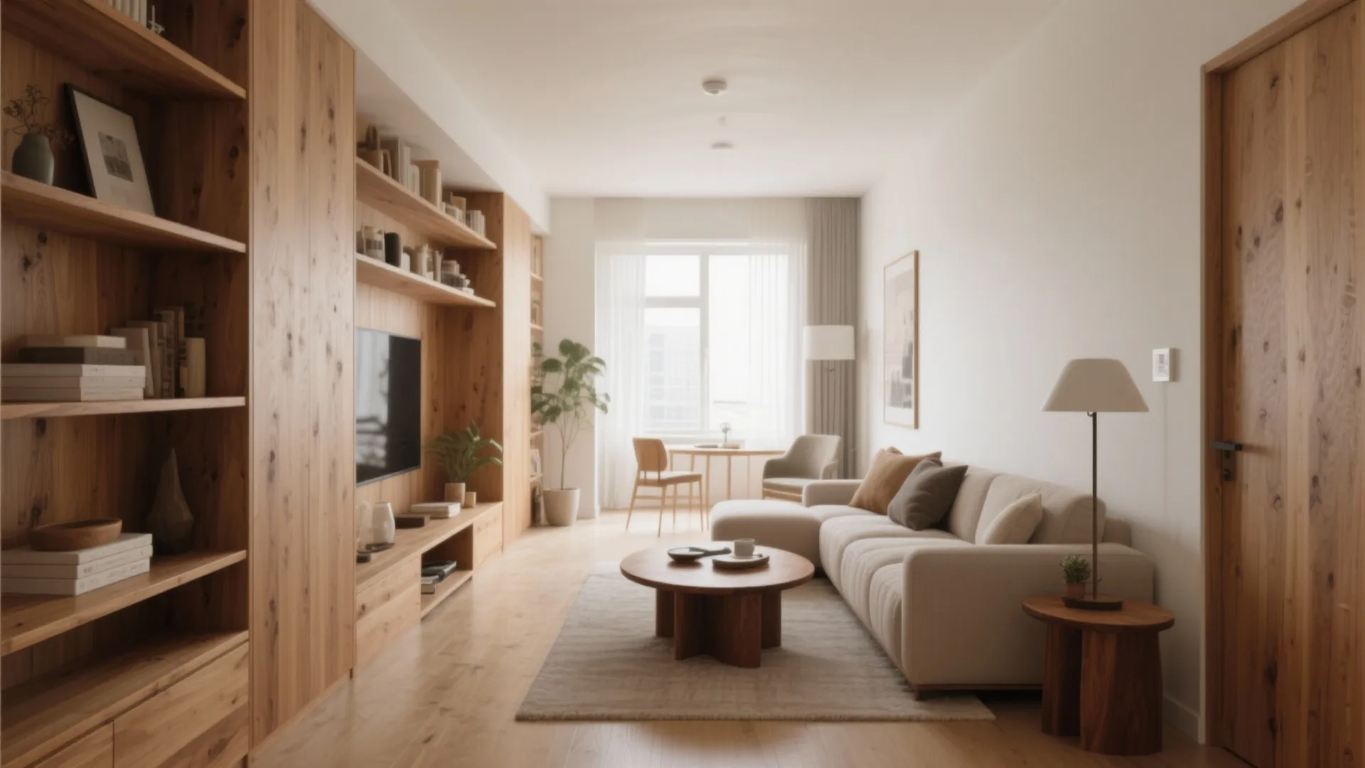 Modern living room featuring wooden wall cabinets sofa coffee table floor lamp and large bright window