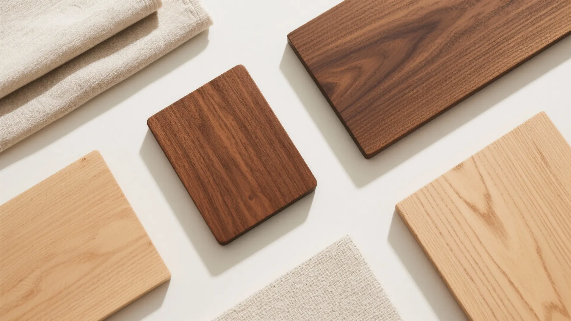 Natural wood material samples with different grains and colors placed together on a white surface background