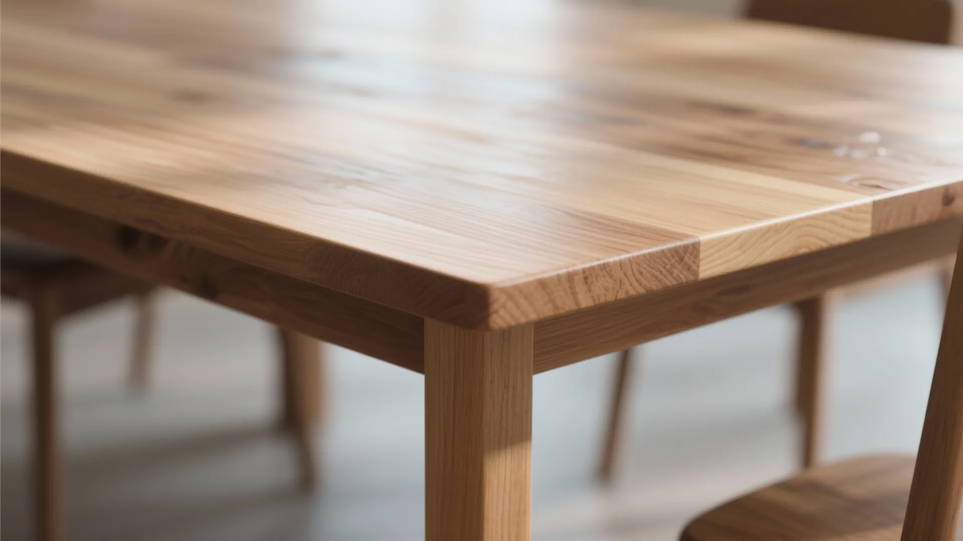 Close up of smooth natural wood dining table surface with clean grain and oil finish