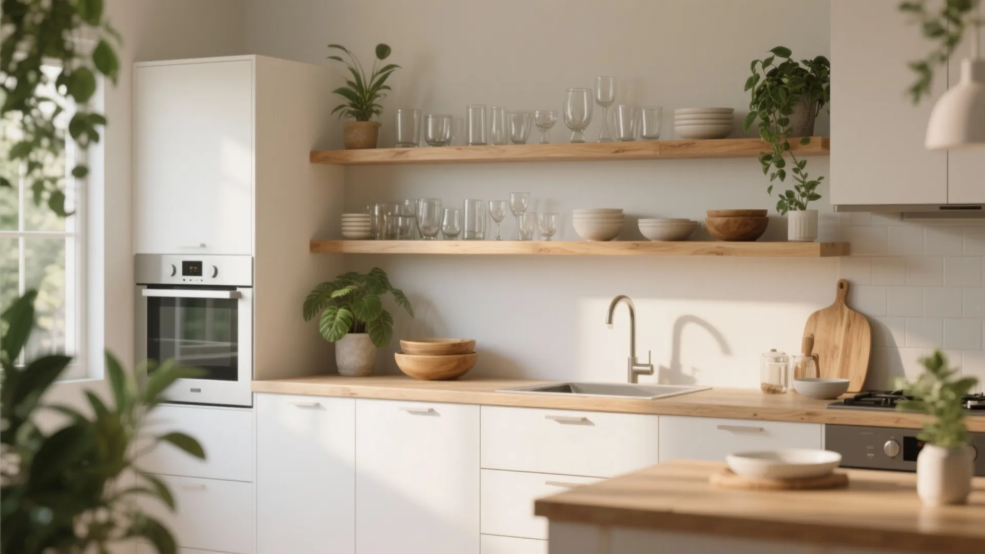 Minimalist white kitchen featuring open wood shelves with glasses, green plants, and a silver sink