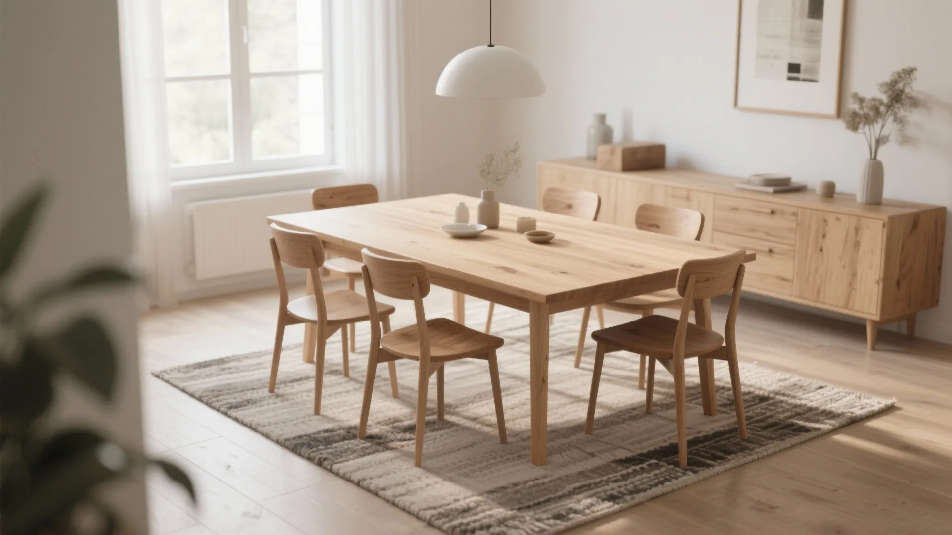 Modern dining area with wooden table chairs carpet cabinet white ceiling light and bright windows