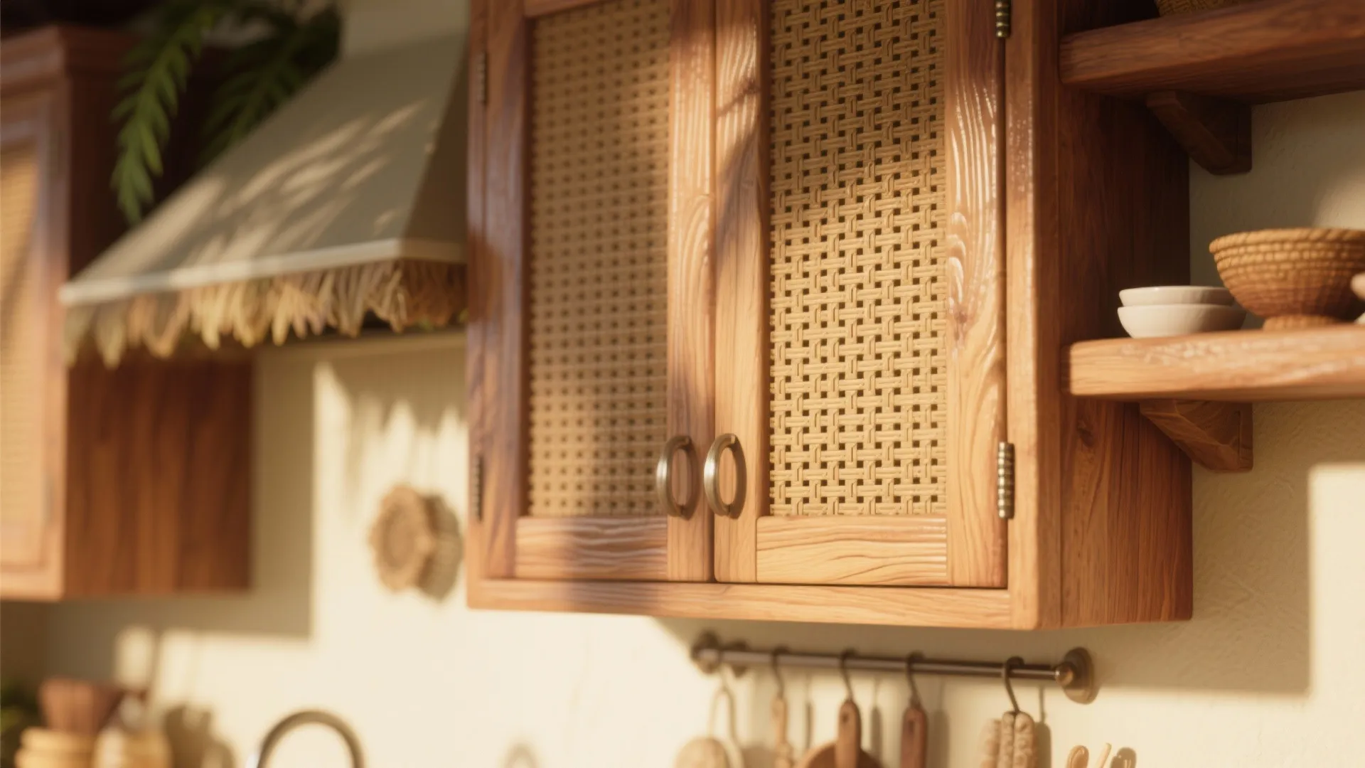 Close up of wooden kitchen cabinet with woven door panels and hanging rustic small kitchen tools
