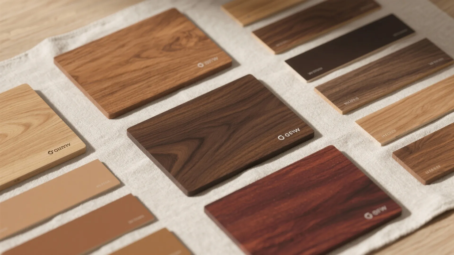 Flat lay of hardwood samples in oak, ash, and cherry