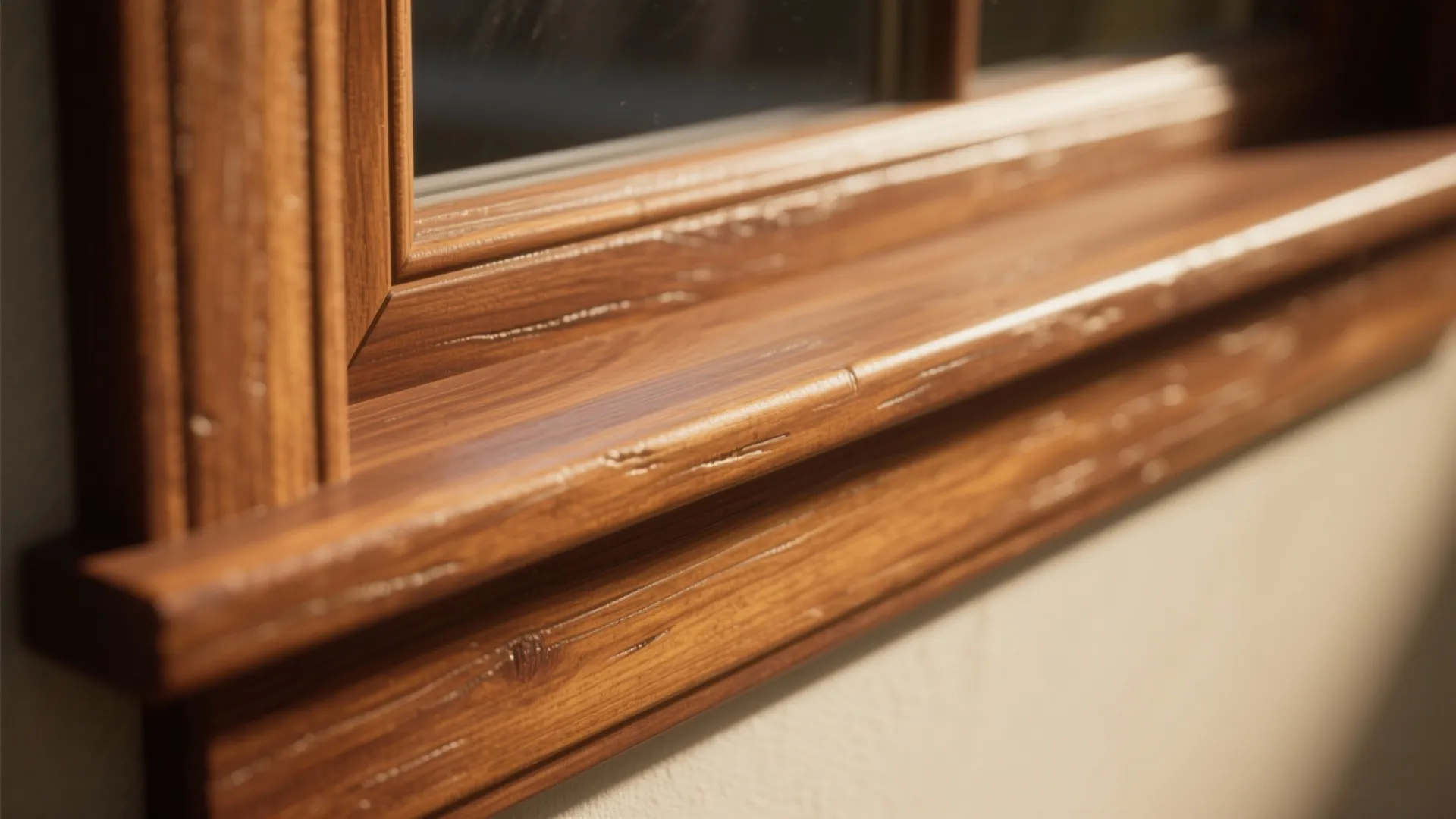 Close up of natural brown wood window frame with visible wood grain and smooth finish