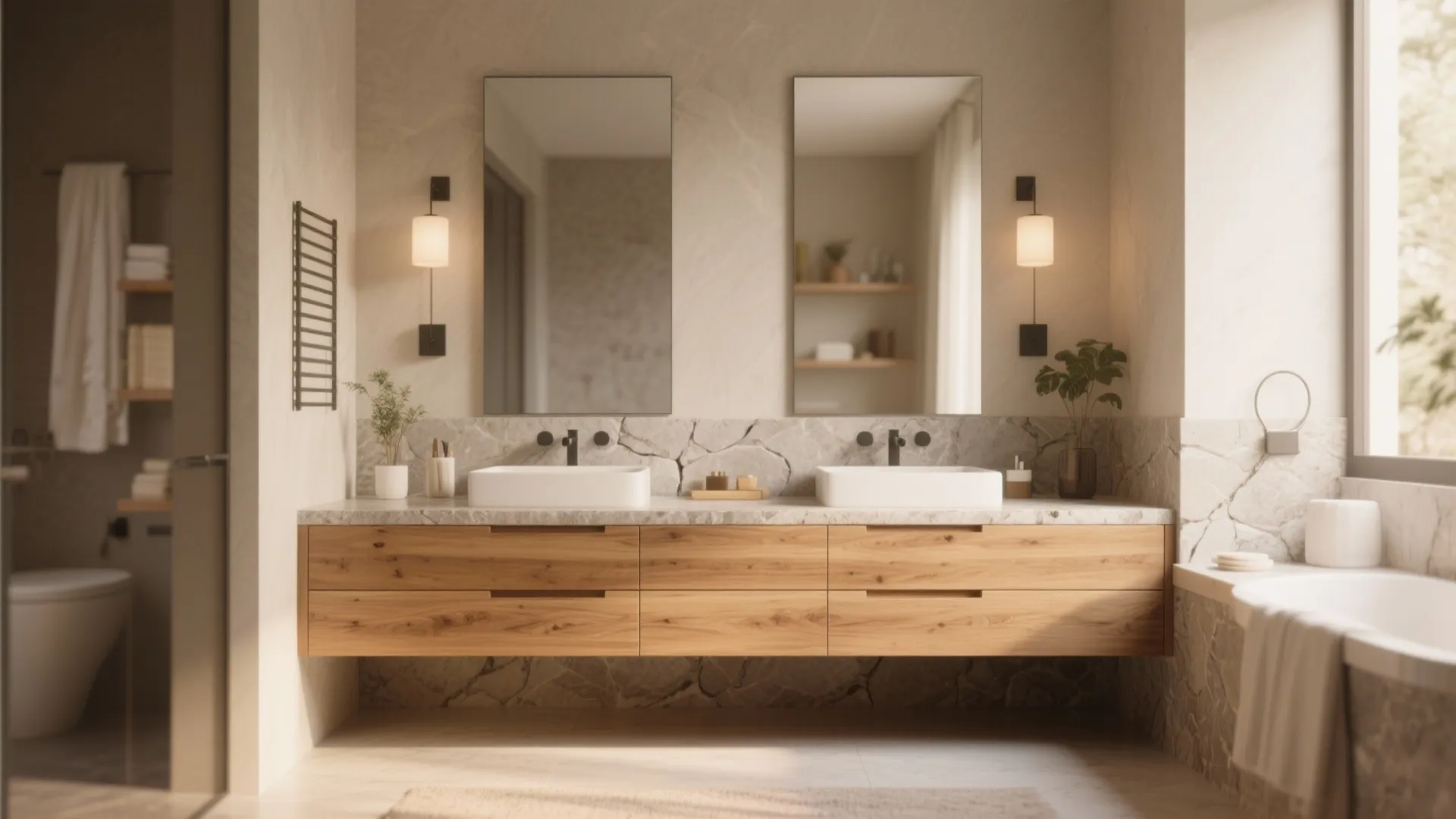 Natural wooden bathroom cabinet with double sinks on stone counter near two mirrors and windows