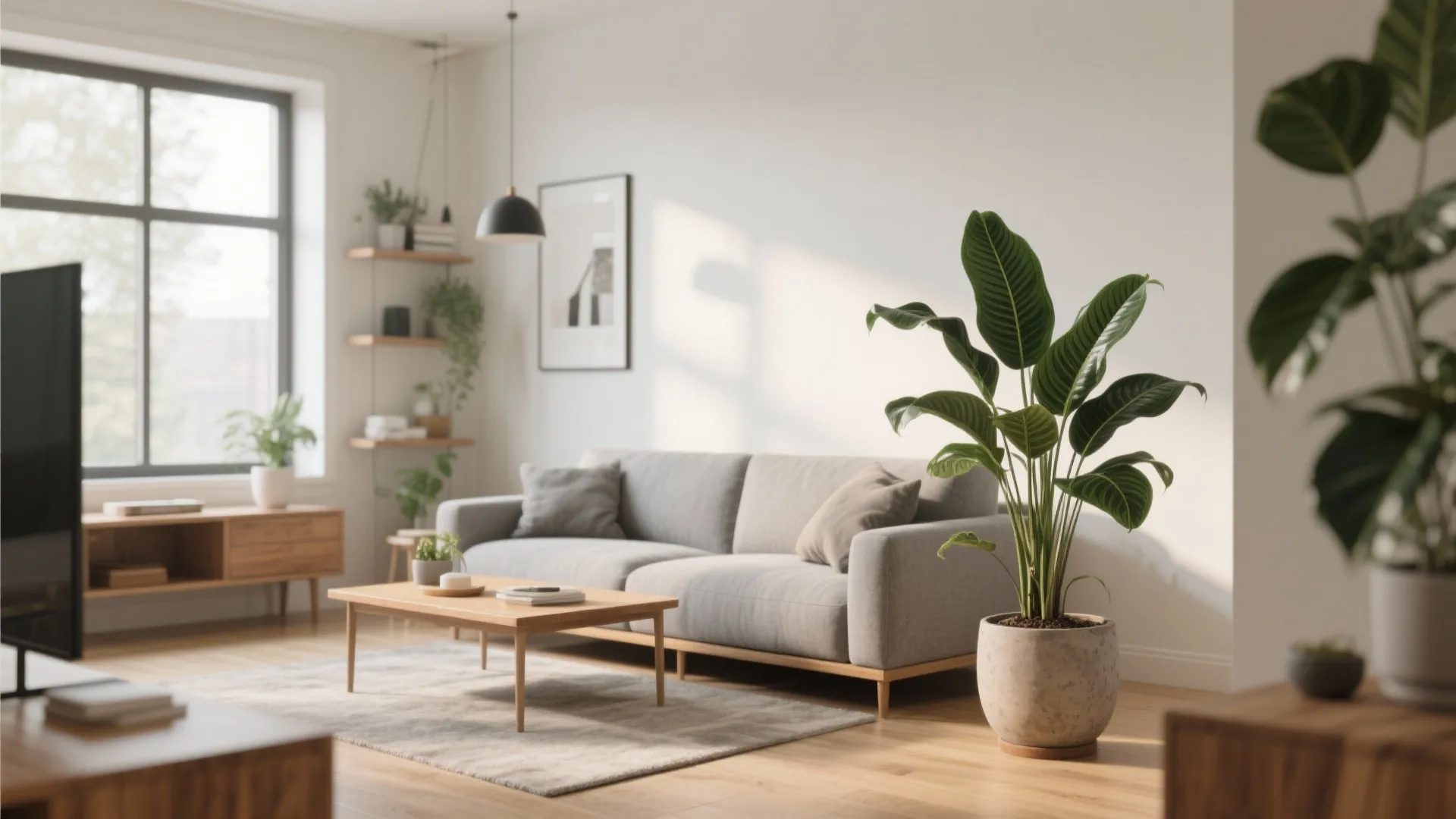 Modern living room with ZZ plant and wood accents